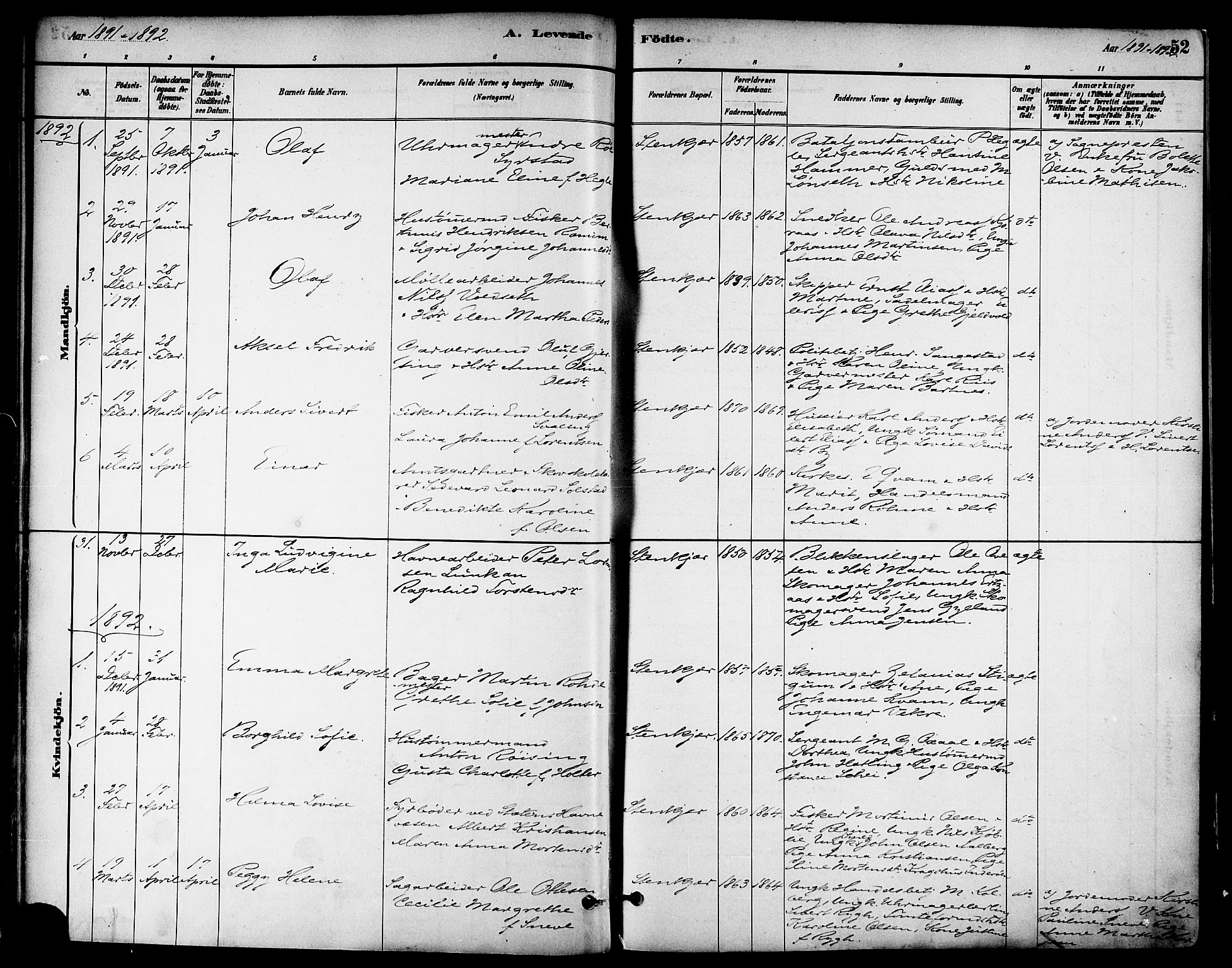 Ministerialprotokoller, klokkerbøker og fødselsregistre - Nord-Trøndelag, AV/SAT-A-1458/739/L0371: Parish register (official) no. 739A03, 1881-1895, p. 52