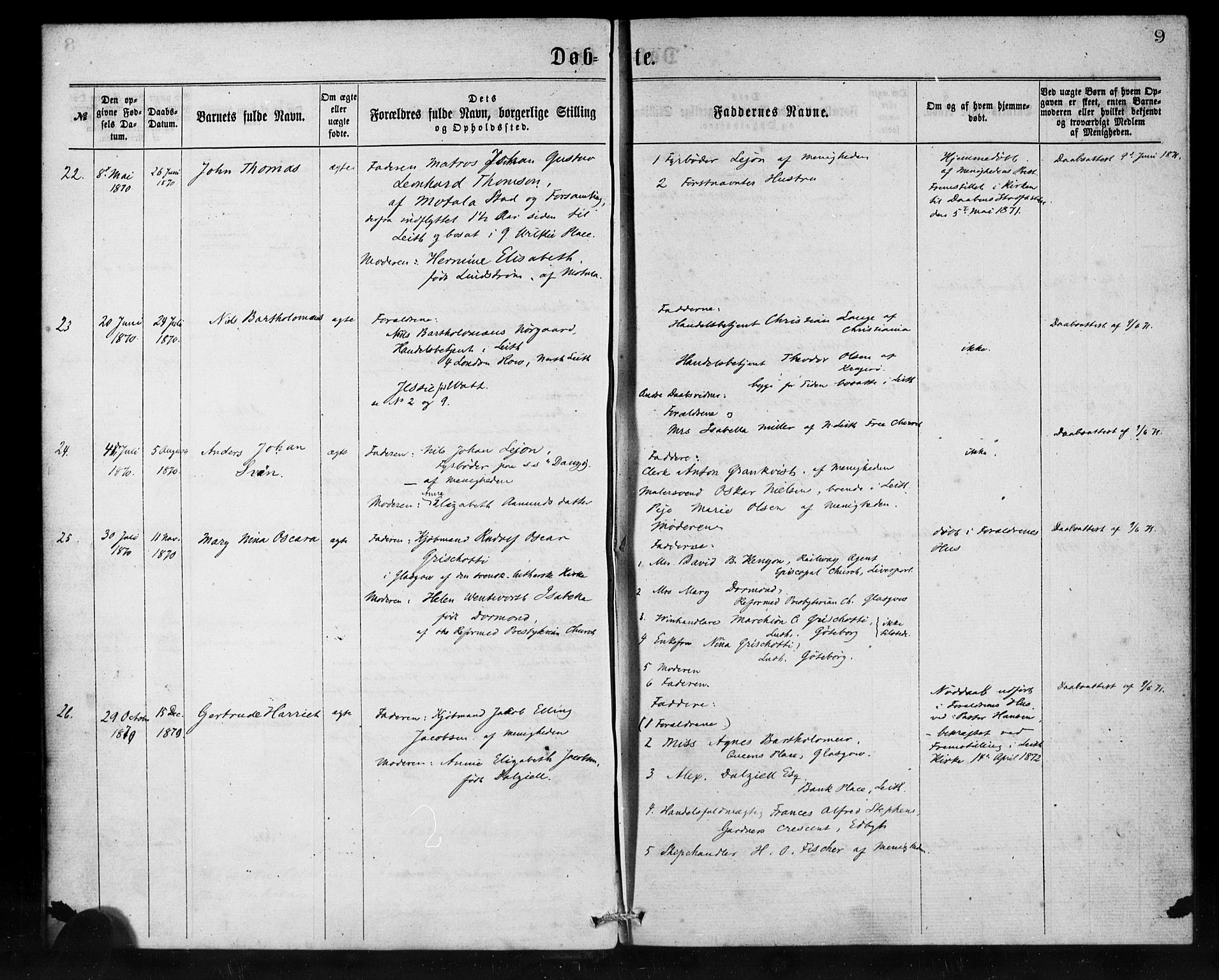 Den norske sjømannsmisjon i utlandet/Skotske havner (Leith, Glasgow), SAB/SAB/PA-0100/H/Ha/Haa/L0001: Parish register (official) no. A 1, 1865-1880, p. 9
