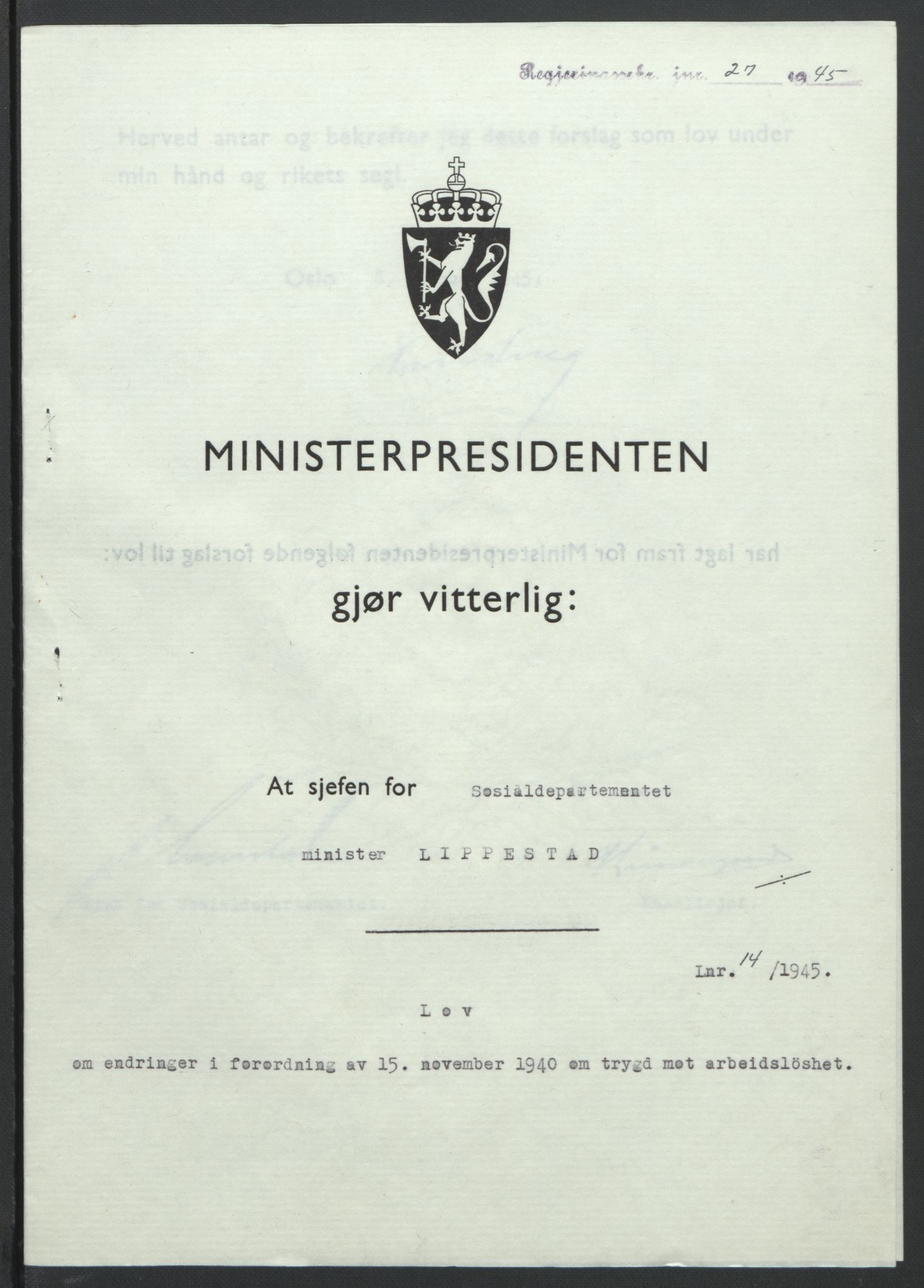 NS-administrasjonen 1940-1945 (Statsrådsekretariatet, de kommisariske statsråder mm), RA/S-4279/D/Db/L0101/0001: -- / Lover og vedtak, 1945, p. 57