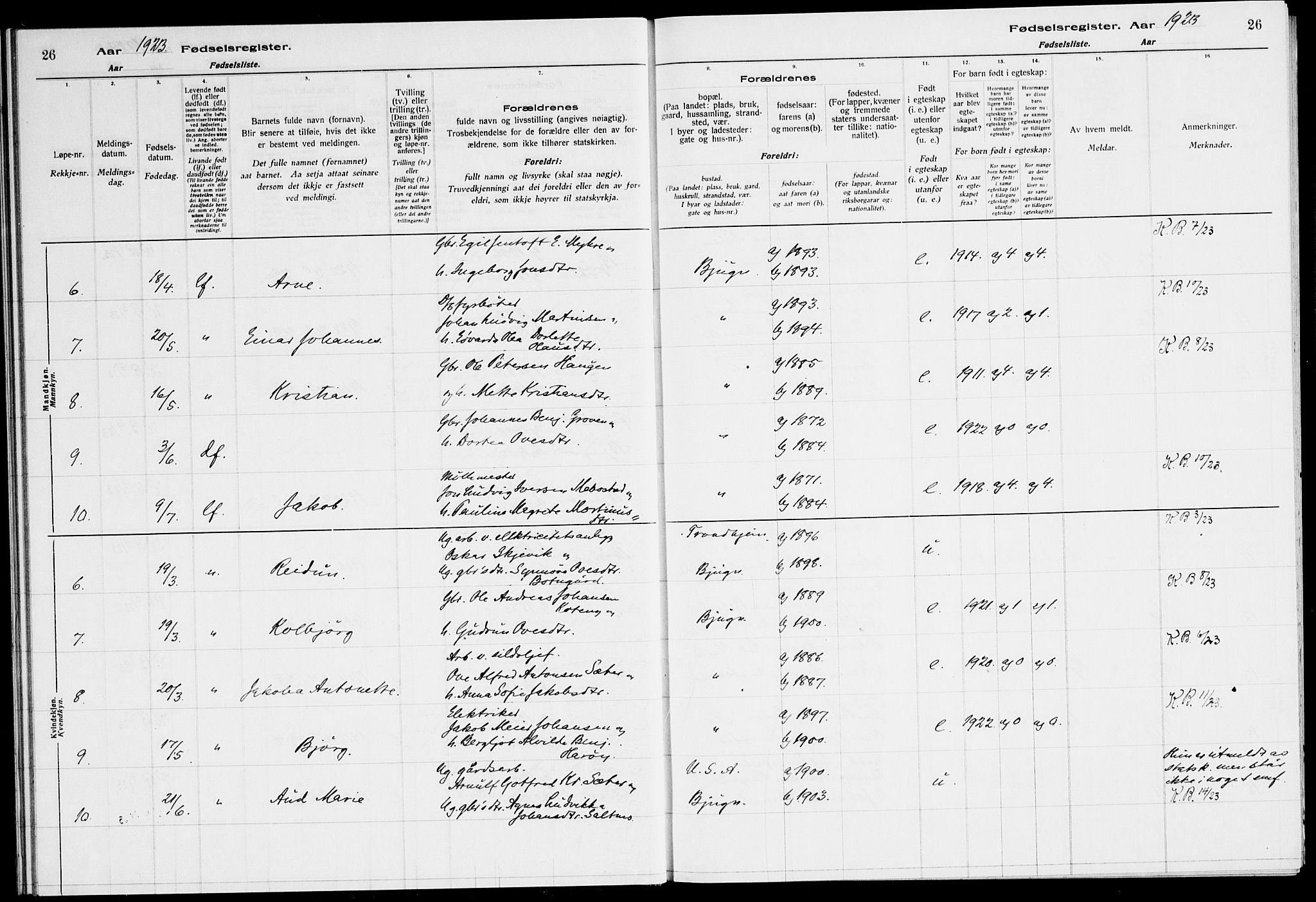 Ministerialprotokoller, klokkerbøker og fødselsregistre - Sør-Trøndelag, SAT/A-1456/651/L0650: Birth register no. 651.II.4.1, 1916-1923, p. 26