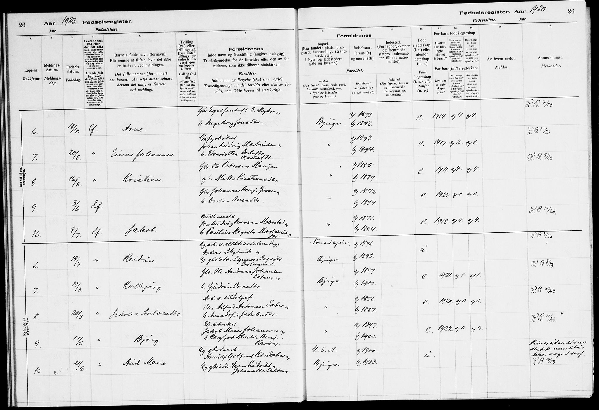 Ministerialprotokoller, klokkerbøker og fødselsregistre - Sør-Trøndelag, AV/SAT-A-1456/651/L0650: Birth register no. 651.II.4.1, 1916-1923, p. 26