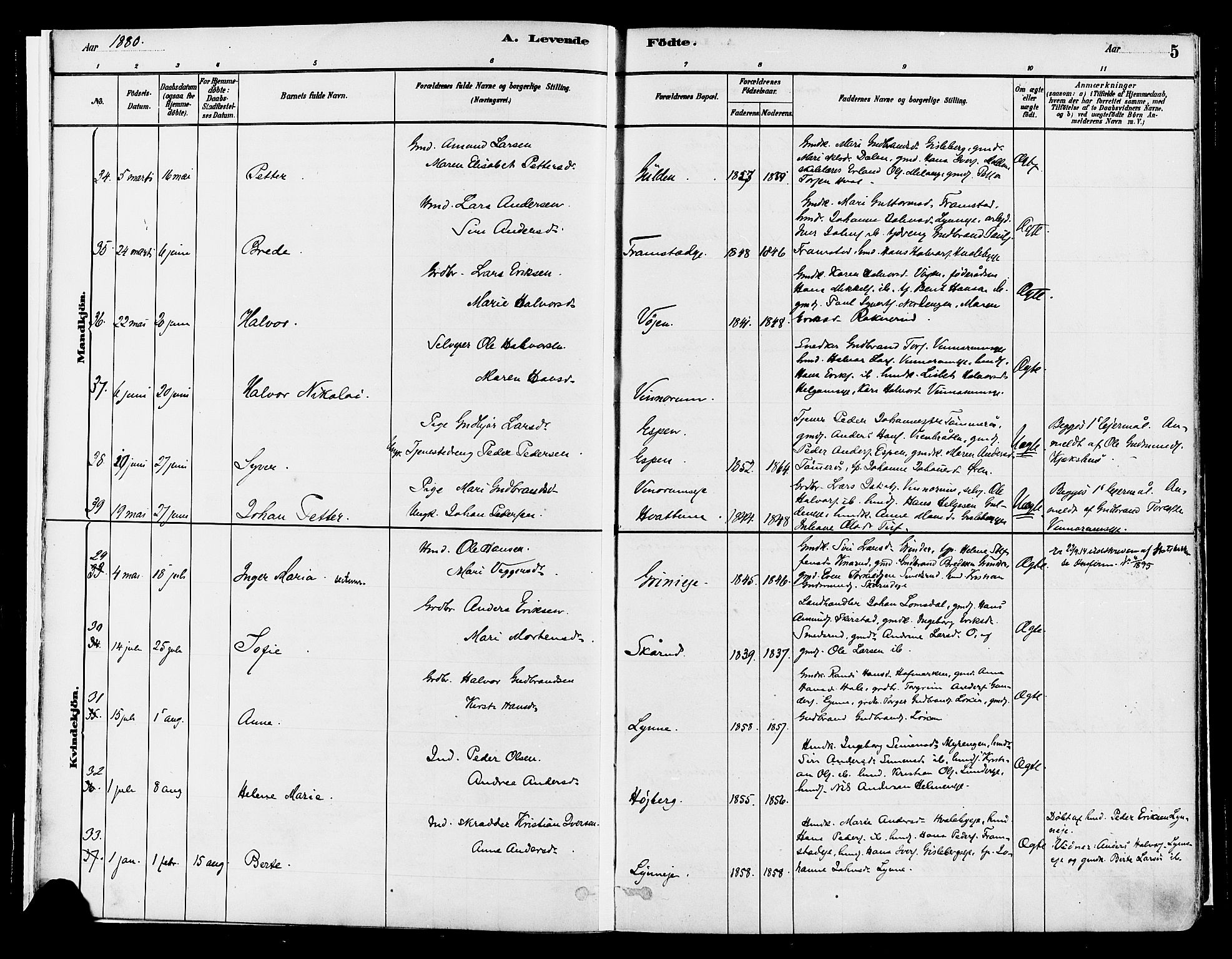 Gran prestekontor, AV/SAH-PREST-112/H/Ha/Haa/L0014: Parish register (official) no. 14, 1880-1889, p. 5