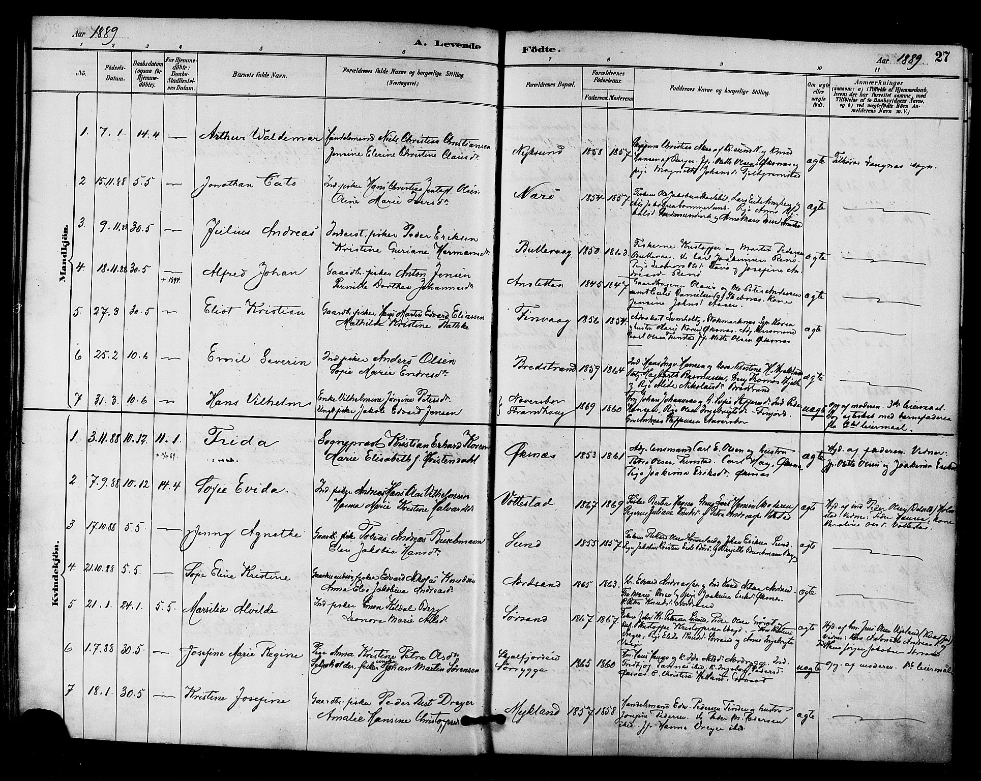 Ministerialprotokoller, klokkerbøker og fødselsregistre - Nordland, SAT/A-1459/893/L1337: Parish register (official) no. 893A09, 1885-1893, p. 27