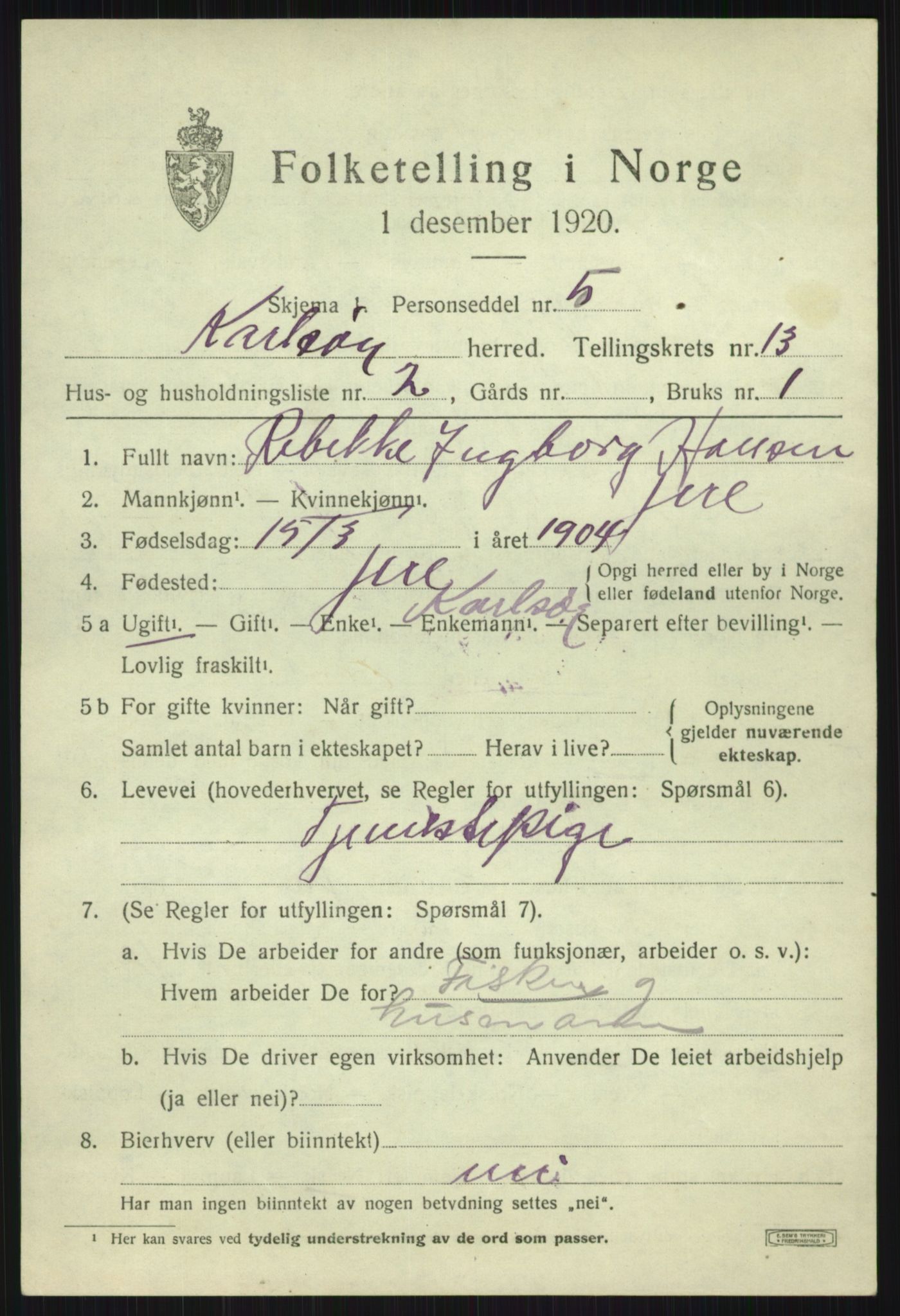 SATØ, 1920 census for Karlsøy, 1920, p. 4474