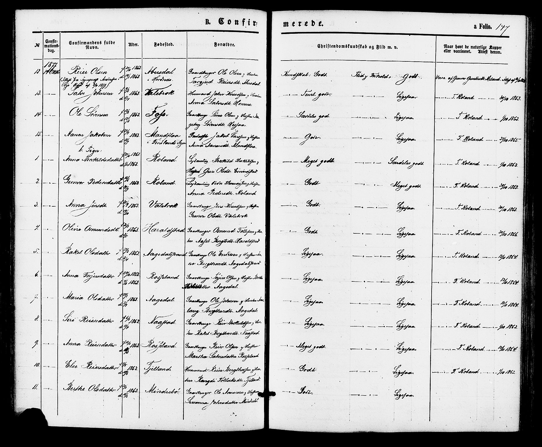 Bjelland sokneprestkontor, SAK/1111-0005/F/Fa/Faa/L0003: Parish register (official) no. A 3, 1867-1887, p. 147