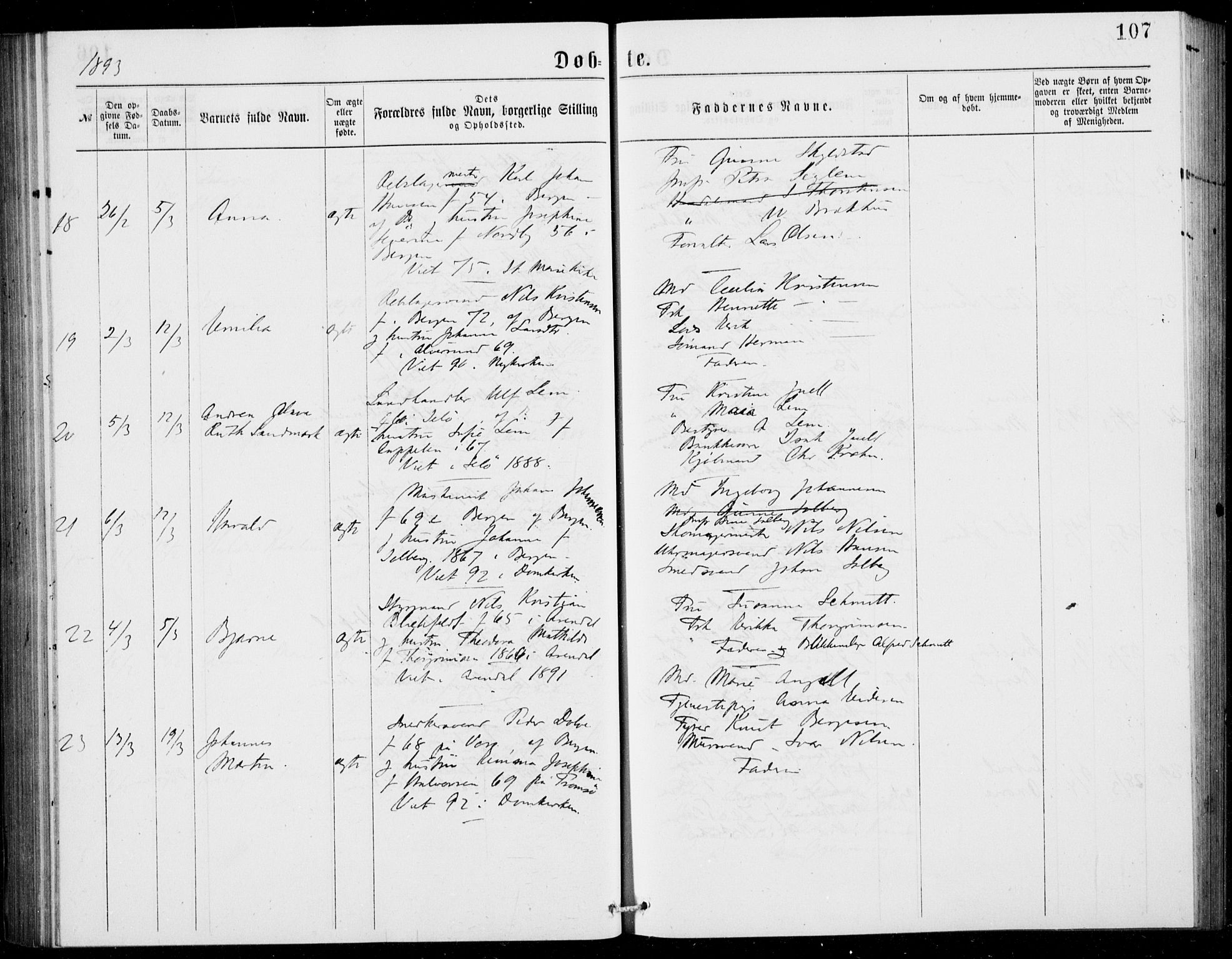 Fødselsstiftelsens sokneprestembete, ført av overlegen*, SAB/-: Parish register (official) no. A 2, 1884-1900, p. 107