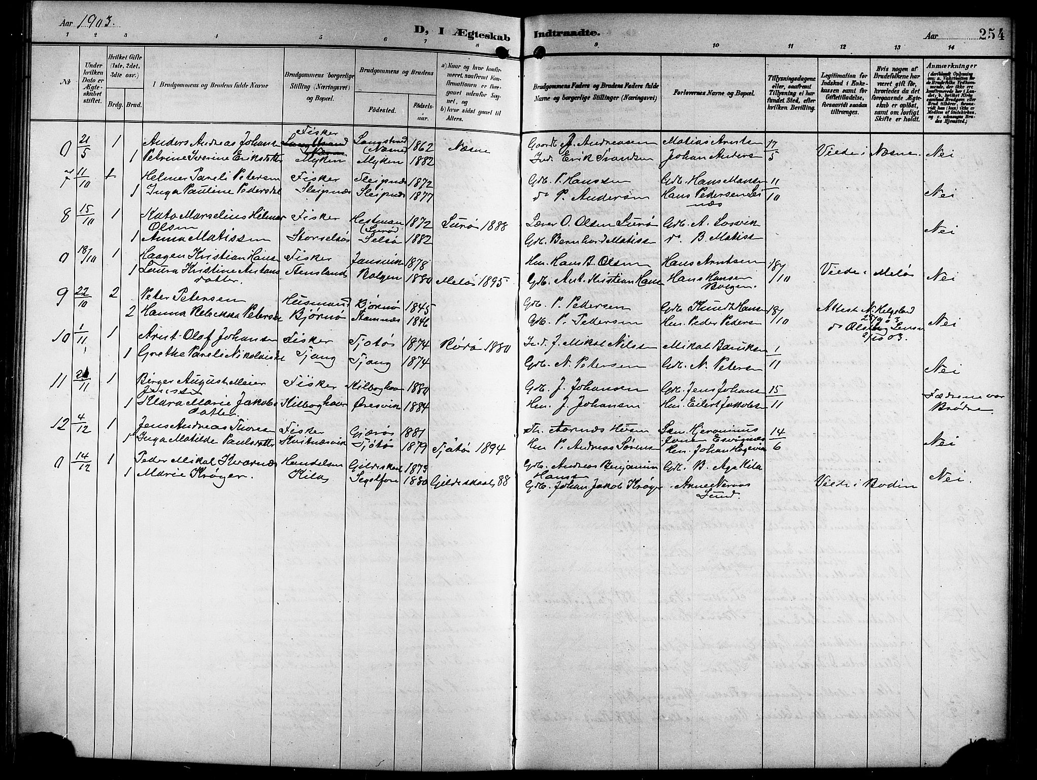 Ministerialprotokoller, klokkerbøker og fødselsregistre - Nordland, SAT/A-1459/841/L0621: Parish register (copy) no. 841C05, 1897-1923, p. 254