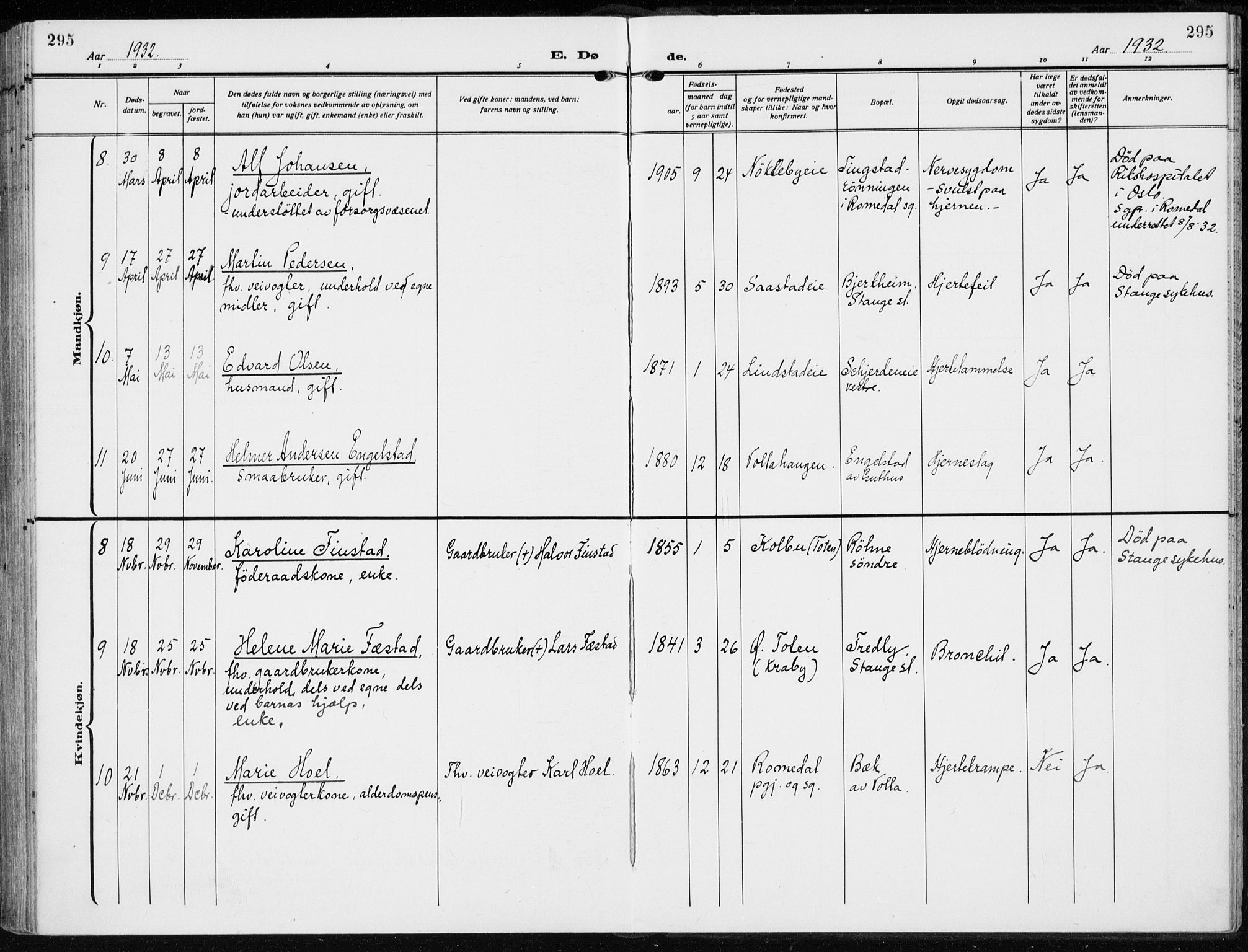 Stange prestekontor, AV/SAH-PREST-002/K/L0026: Parish register (official) no. 26, 1923-1937, p. 295