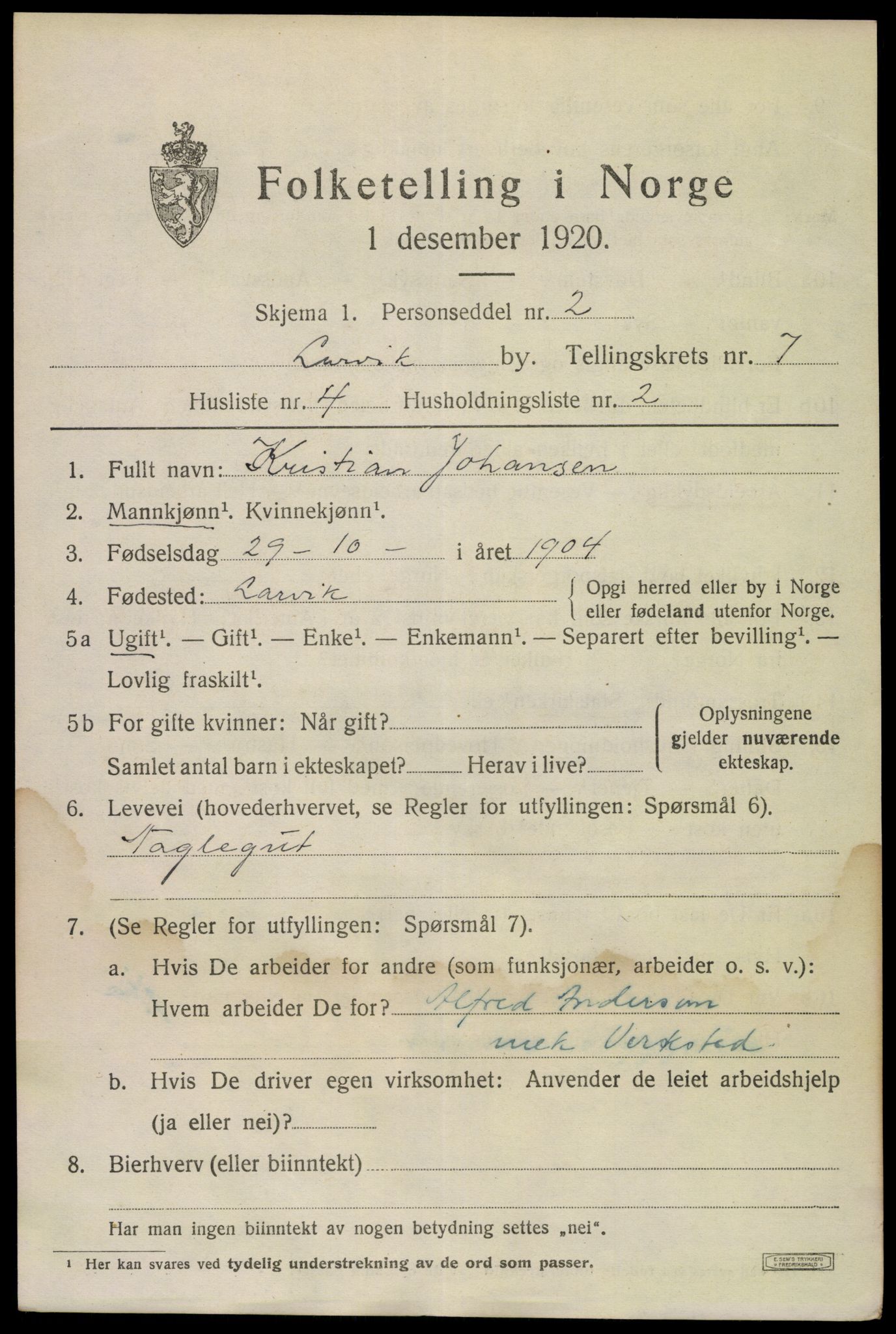 SAKO, 1920 census for Larvik, 1920, p. 20744