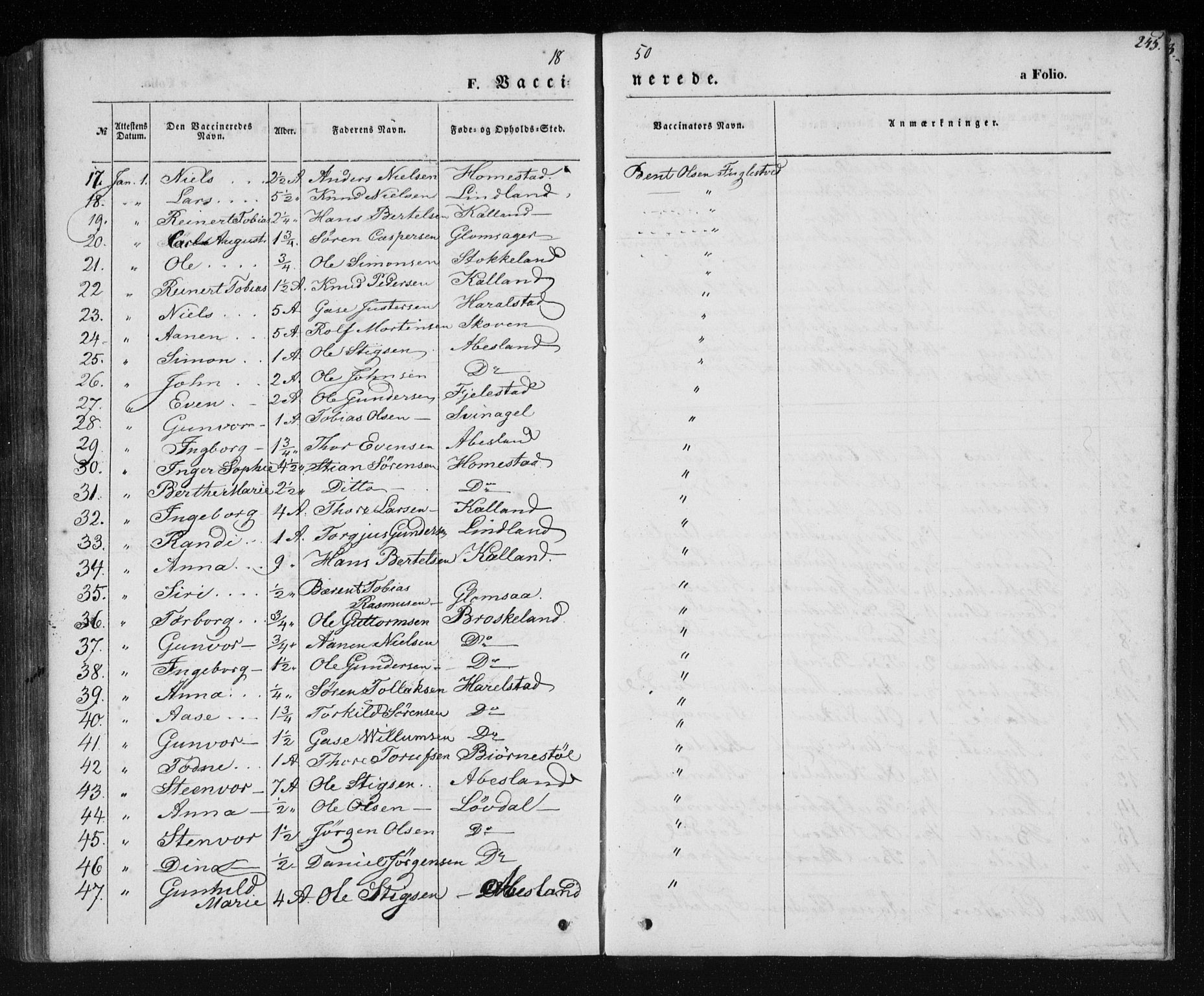 Holum sokneprestkontor, AV/SAK-1111-0022/F/Fa/Fab/L0005: Parish register (official) no. A 5, 1847-1874, p. 245