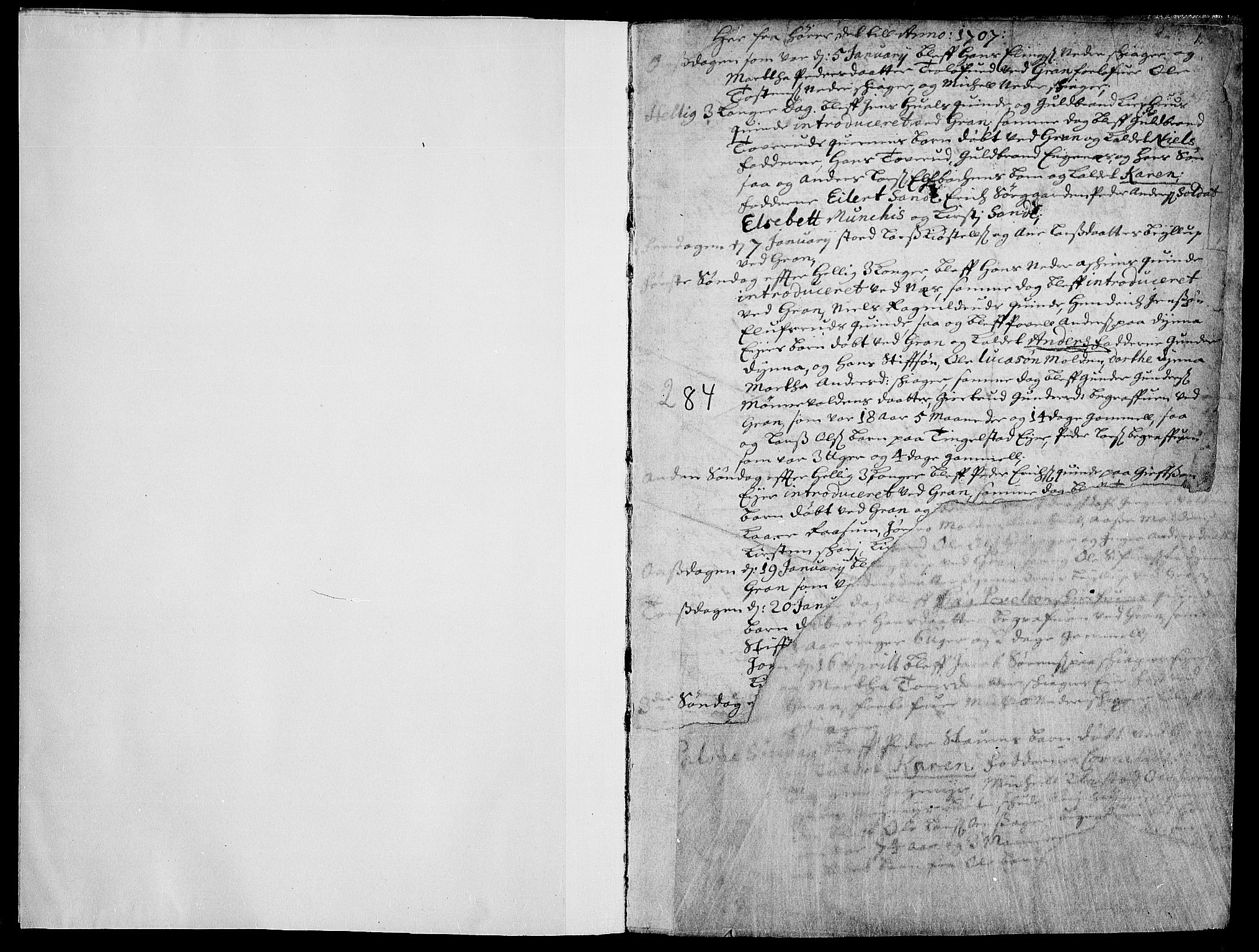 Gran prestekontor, SAH/PREST-112/H/Ha/Haa/L0001: Parish register (official) no. 1, 1707-1731, p. 1