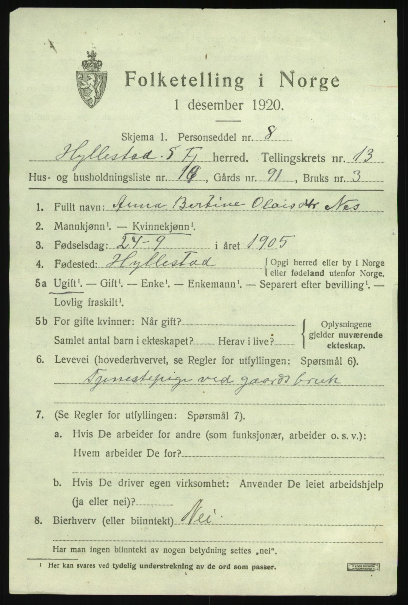 SAB, 1920 census for Hyllestad, 1920, p. 5092