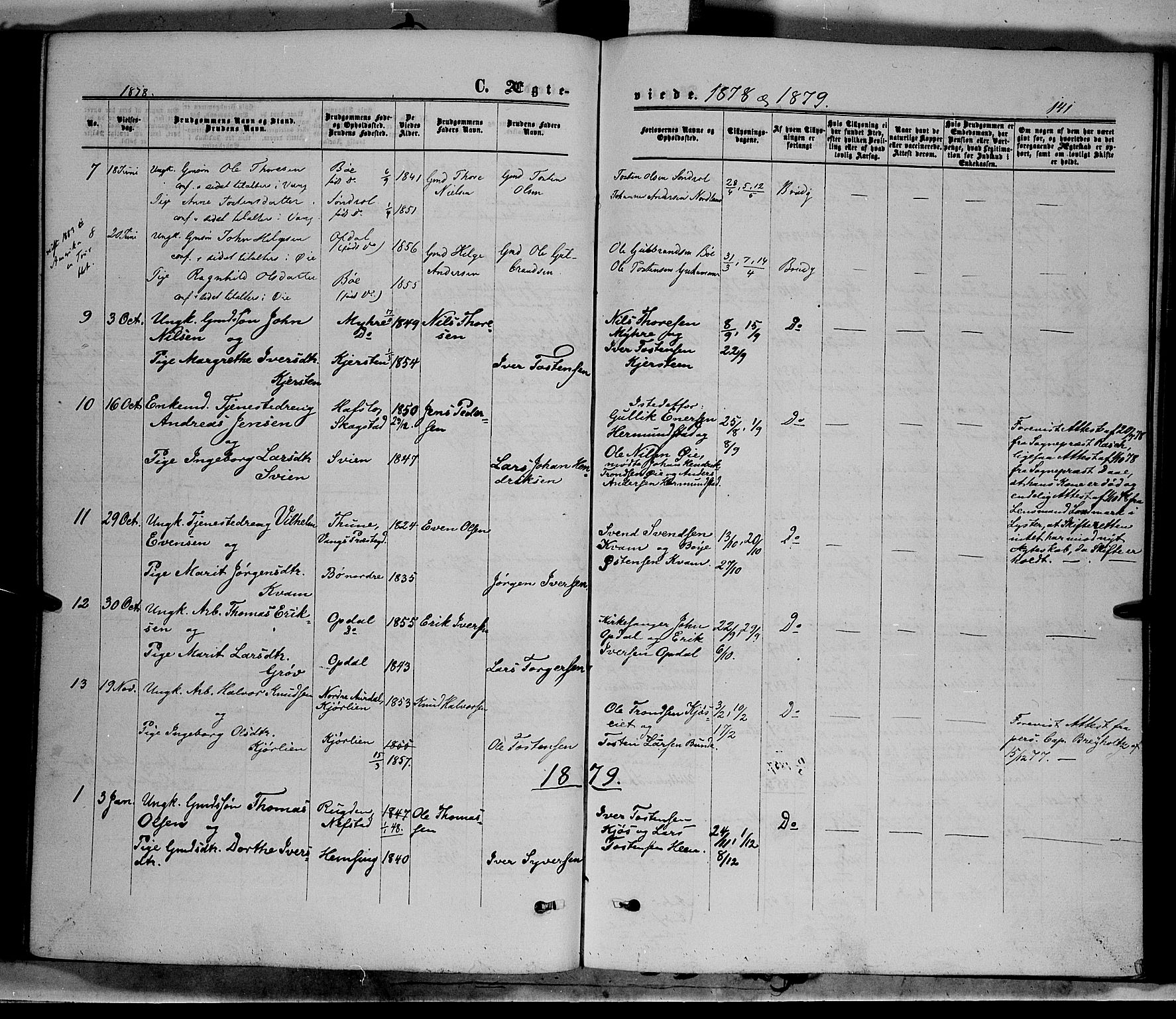 Vang prestekontor, Valdres, SAH/PREST-140/H/Ha/L0007: Parish register (official) no. 7, 1865-1881, p. 141