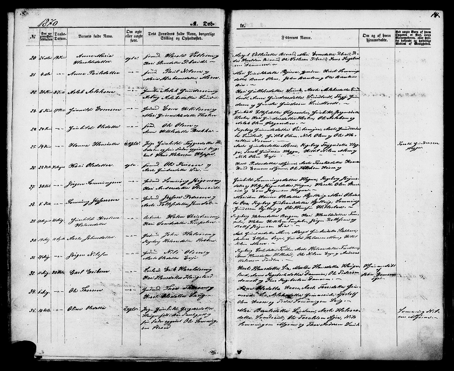 Lunde kirkebøker, SAKO/A-282/F/Fa/L0001: Parish register (official) no. I 1, 1866-1883, p. 14