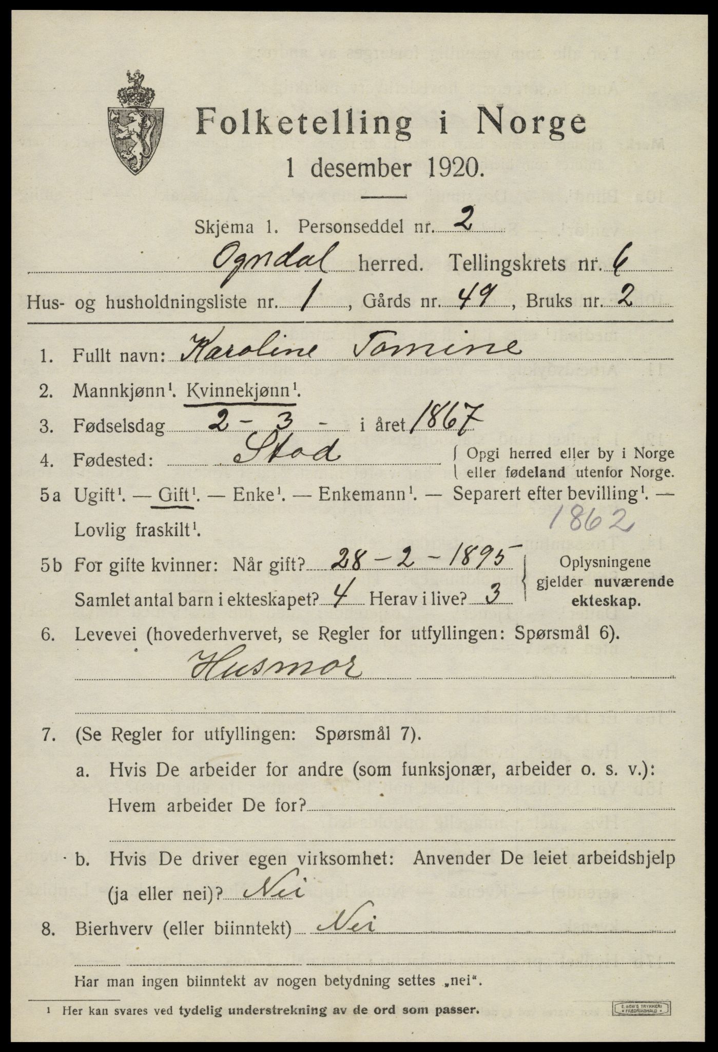 SAT, 1920 census for Ogndal, 1920, p. 2285