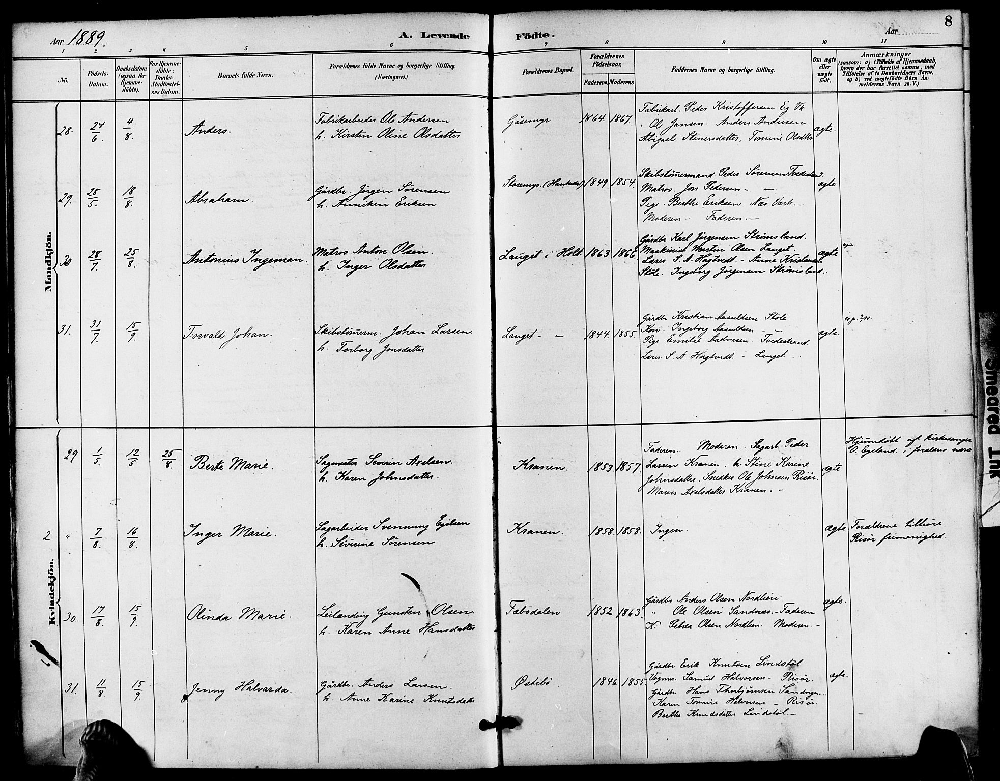 Søndeled sokneprestkontor, AV/SAK-1111-0038/F/Fa/L0005: Parish register (official) no. A 5, 1889-1899, p. 8