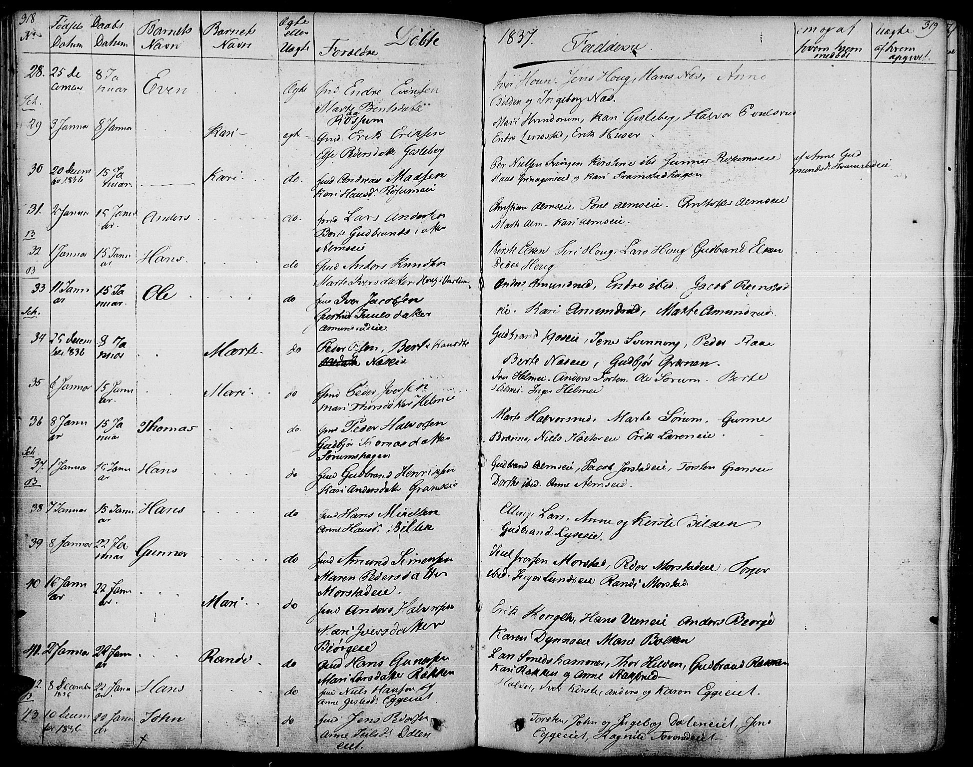 Gran prestekontor, SAH/PREST-112/H/Ha/Haa/L0010: Parish register (official) no. 10, 1824-1842, p. 318-319