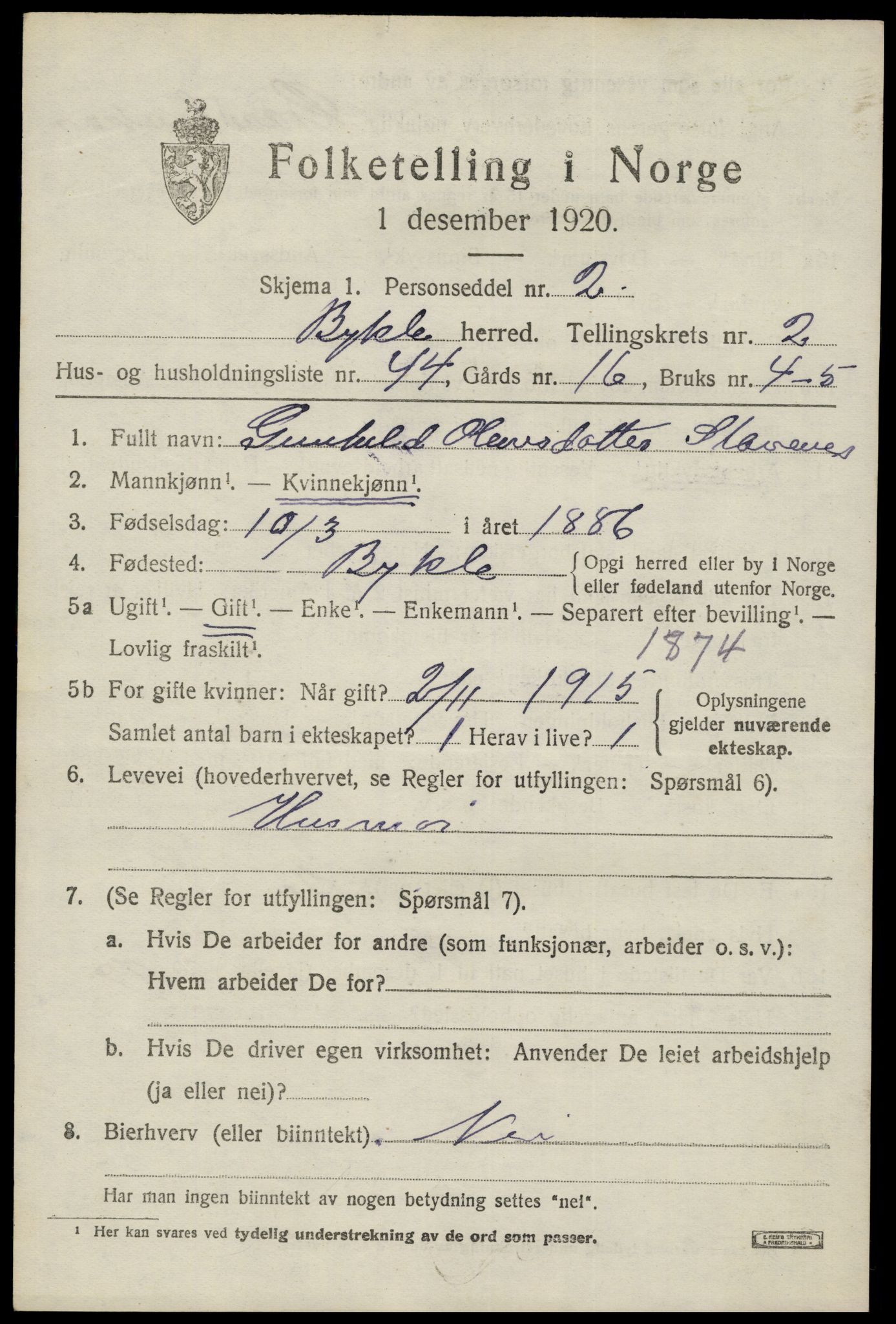 SAK, 1920 census for Bykle, 1920, p. 1017