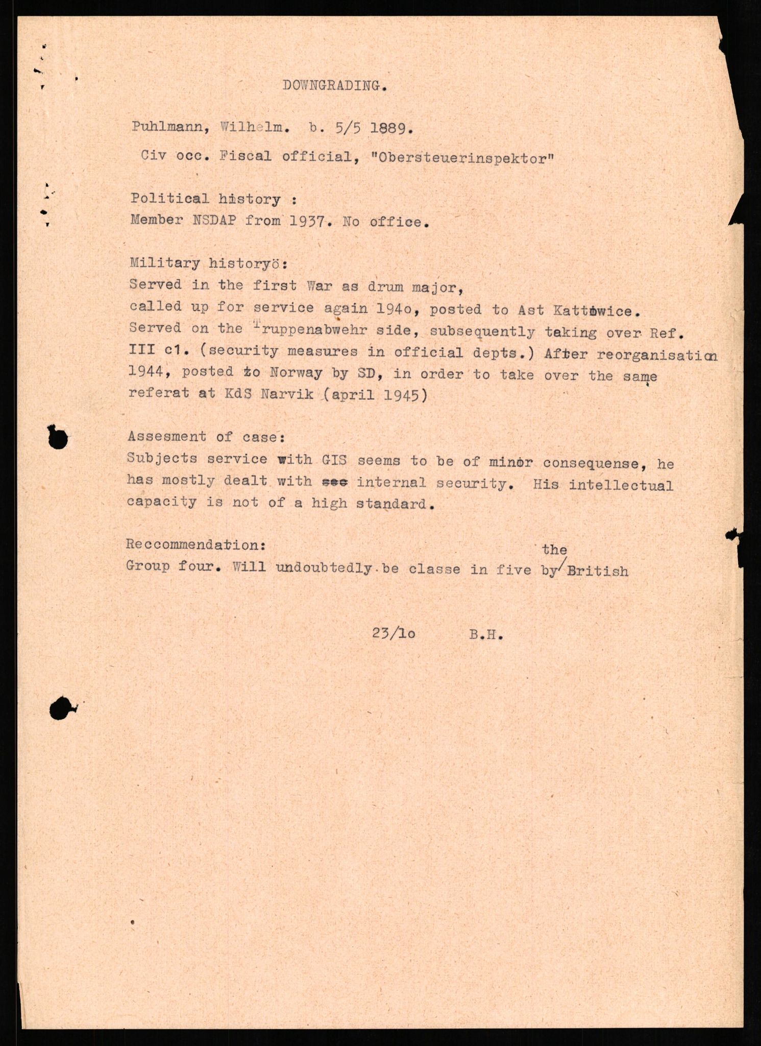 Forsvaret, Forsvarets overkommando II, AV/RA-RAFA-3915/D/Db/L0026: CI Questionaires. Tyske okkupasjonsstyrker i Norge. Tyskere., 1945-1946, p. 446