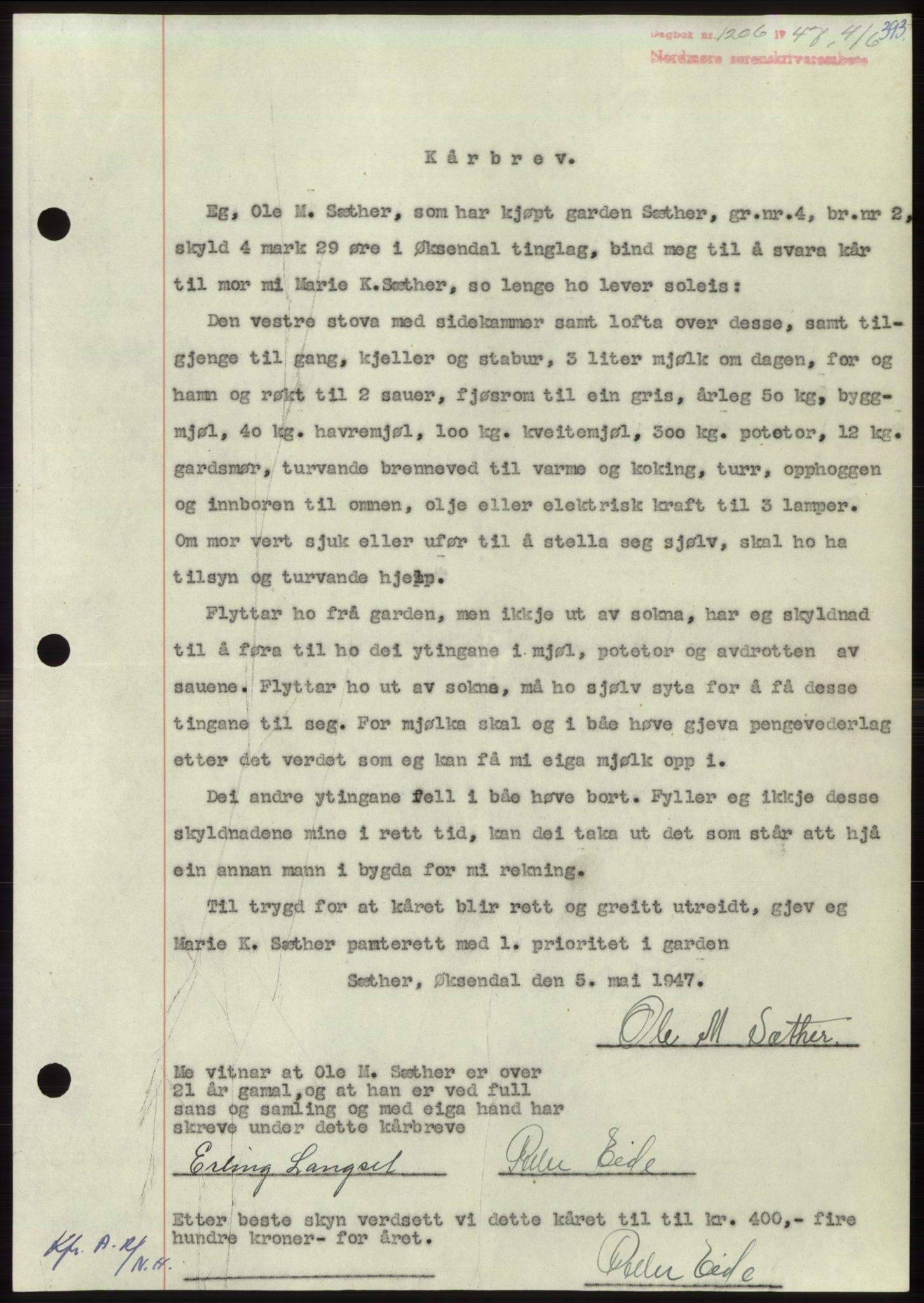 Nordmøre sorenskriveri, AV/SAT-A-4132/1/2/2Ca: Mortgage book no. B96, 1947-1947, Diary no: : 1206/1947