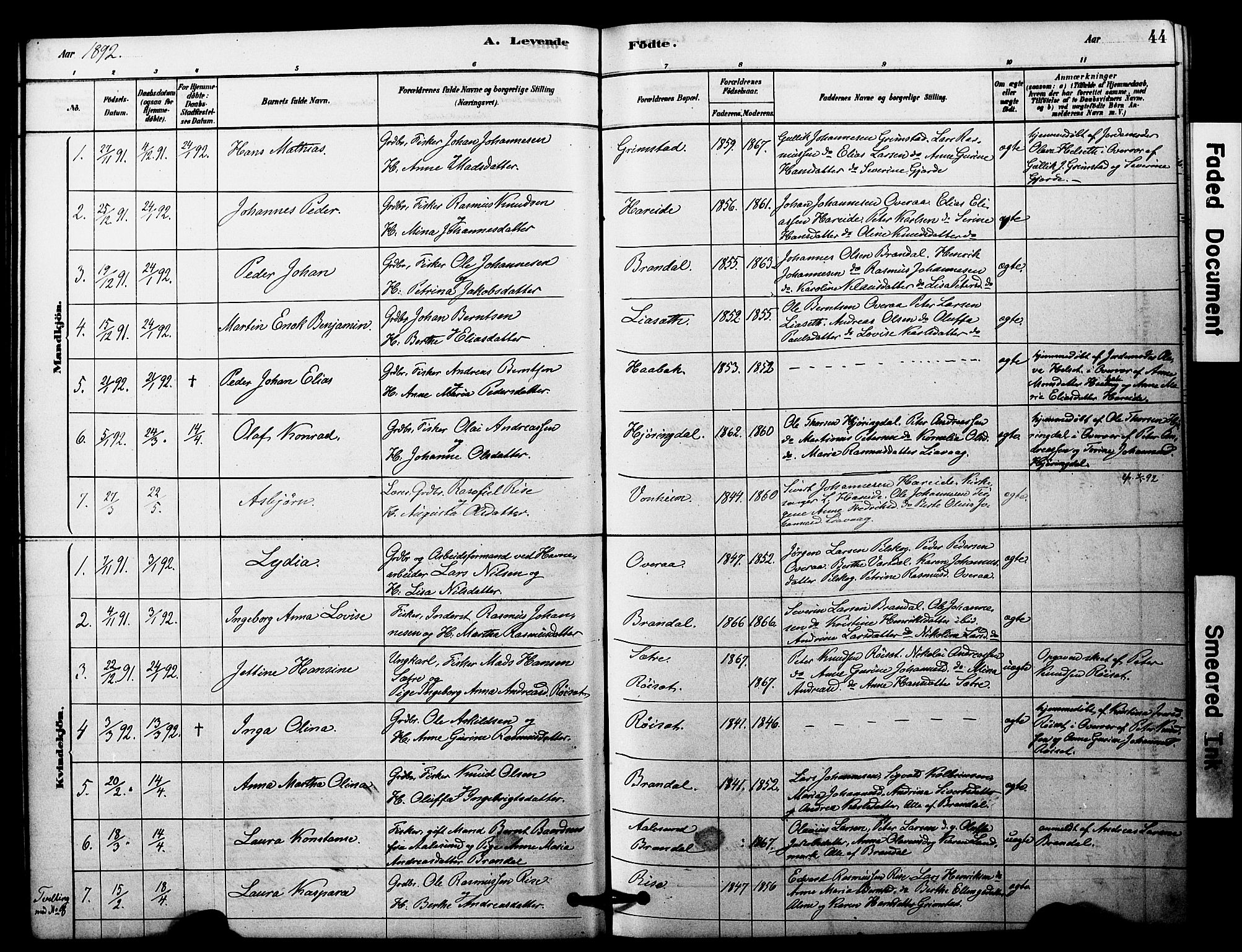 Ministerialprotokoller, klokkerbøker og fødselsregistre - Møre og Romsdal, SAT/A-1454/510/L0122: Parish register (official) no. 510A02, 1878-1897, p. 44