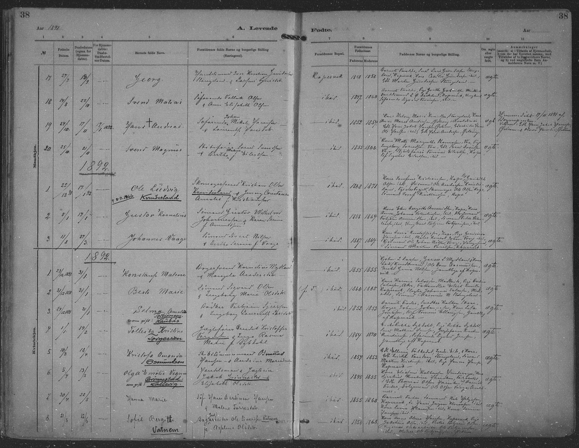 Kopervik sokneprestkontor, SAST/A-101850/H/Ha/Haa/L0001: Parish register (official) no. A 1, 1880-1919, p. 38