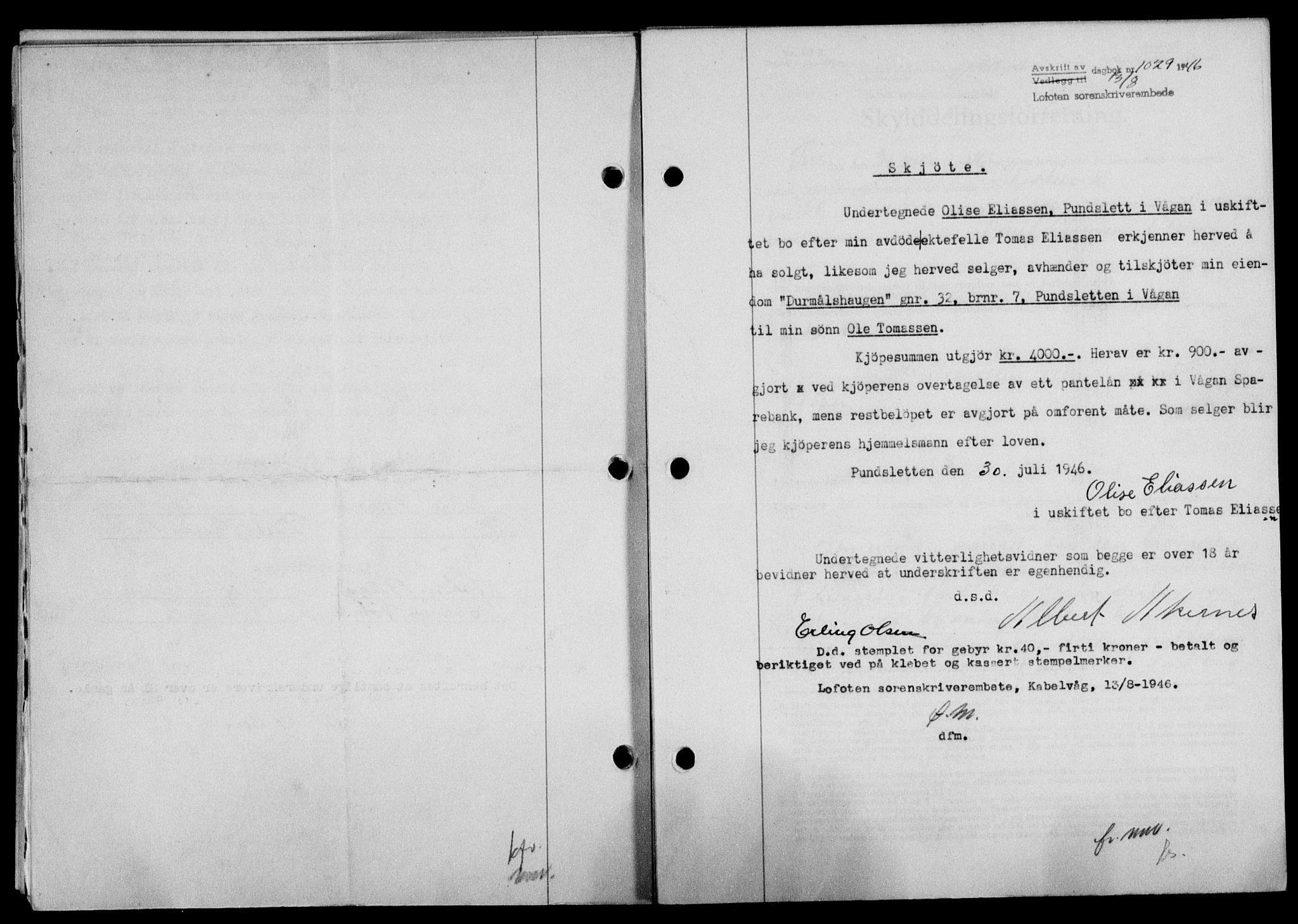 Lofoten sorenskriveri, SAT/A-0017/1/2/2C/L0014a: Mortgage book no. 14a, 1946-1946, Diary no: : 1029/1946
