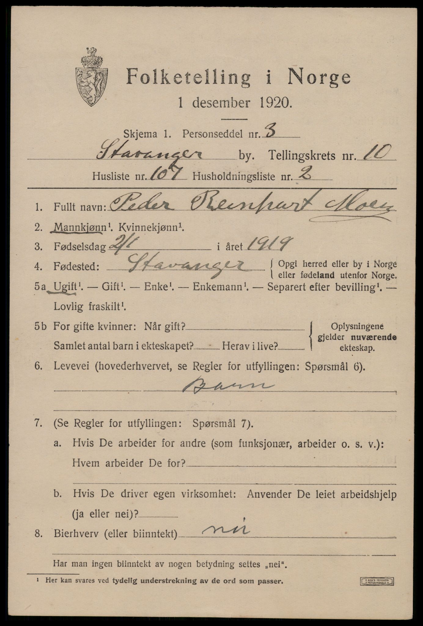 SAST, 1920 census for Stavanger, 1920, p. 53644