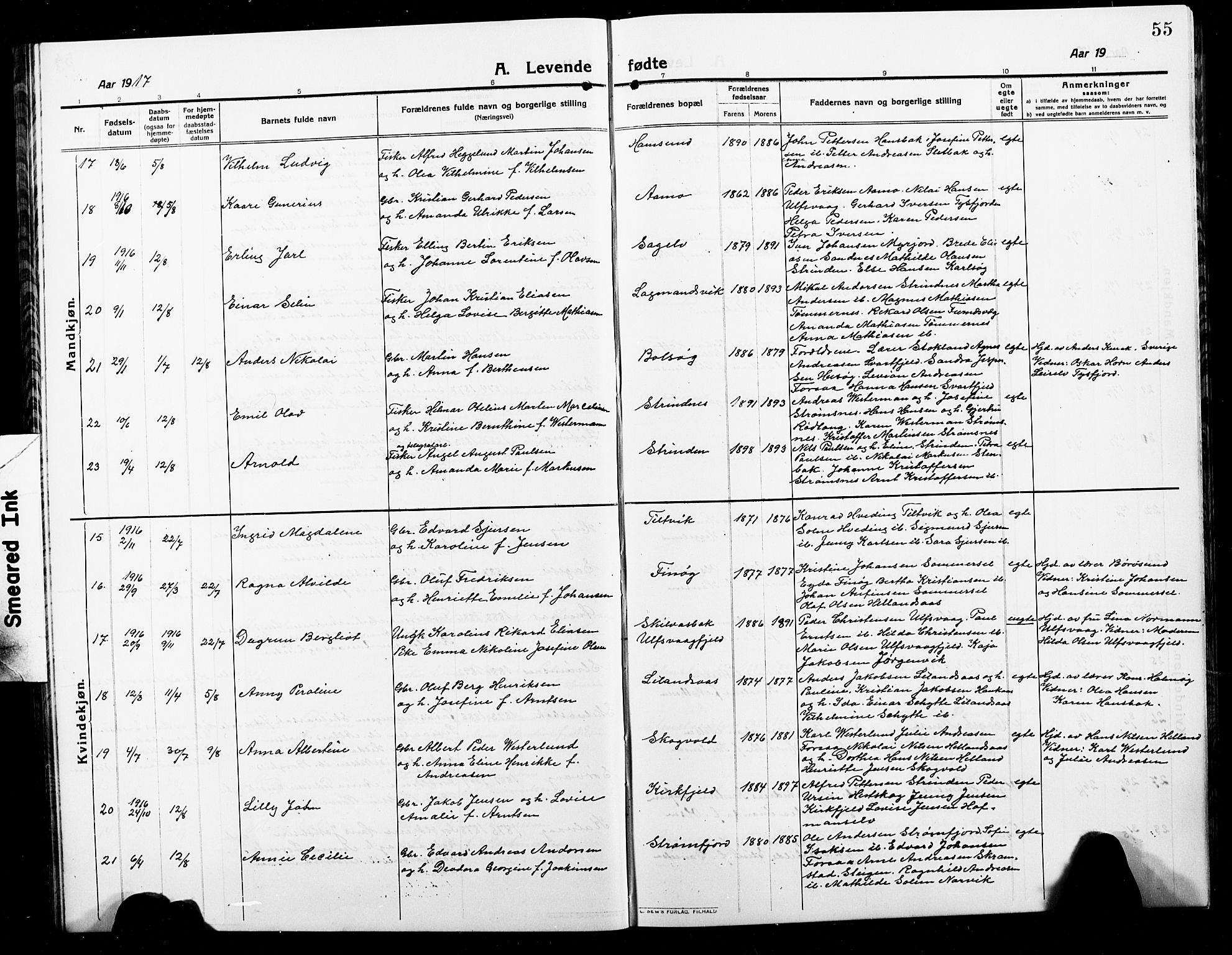 Ministerialprotokoller, klokkerbøker og fødselsregistre - Nordland, AV/SAT-A-1459/859/L0861: Parish register (copy) no. 859C07, 1910-1925, p. 55