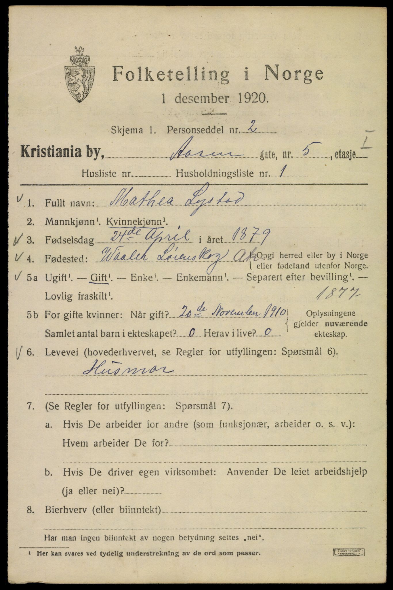 SAO, 1920 census for Kristiania, 1920, p. 136705