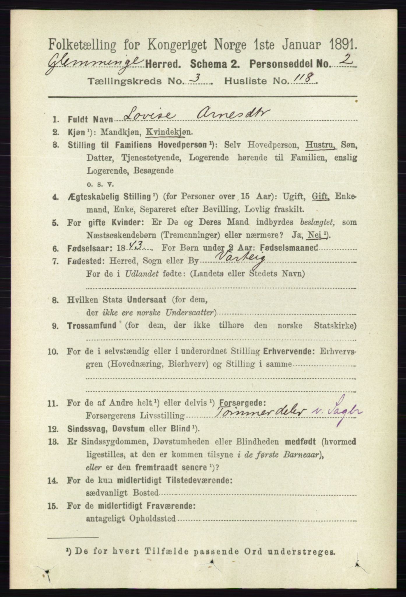 RA, 1891 census for 0132 Glemmen, 1891, p. 3085