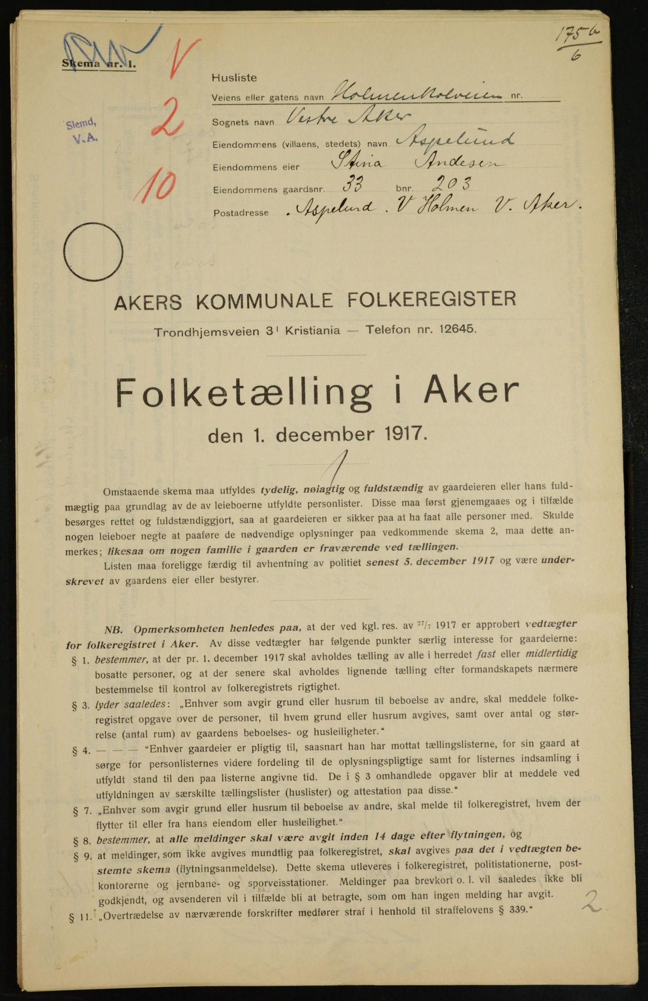 OBA, Municipal Census 1917 for Aker, 1917, p. 8236