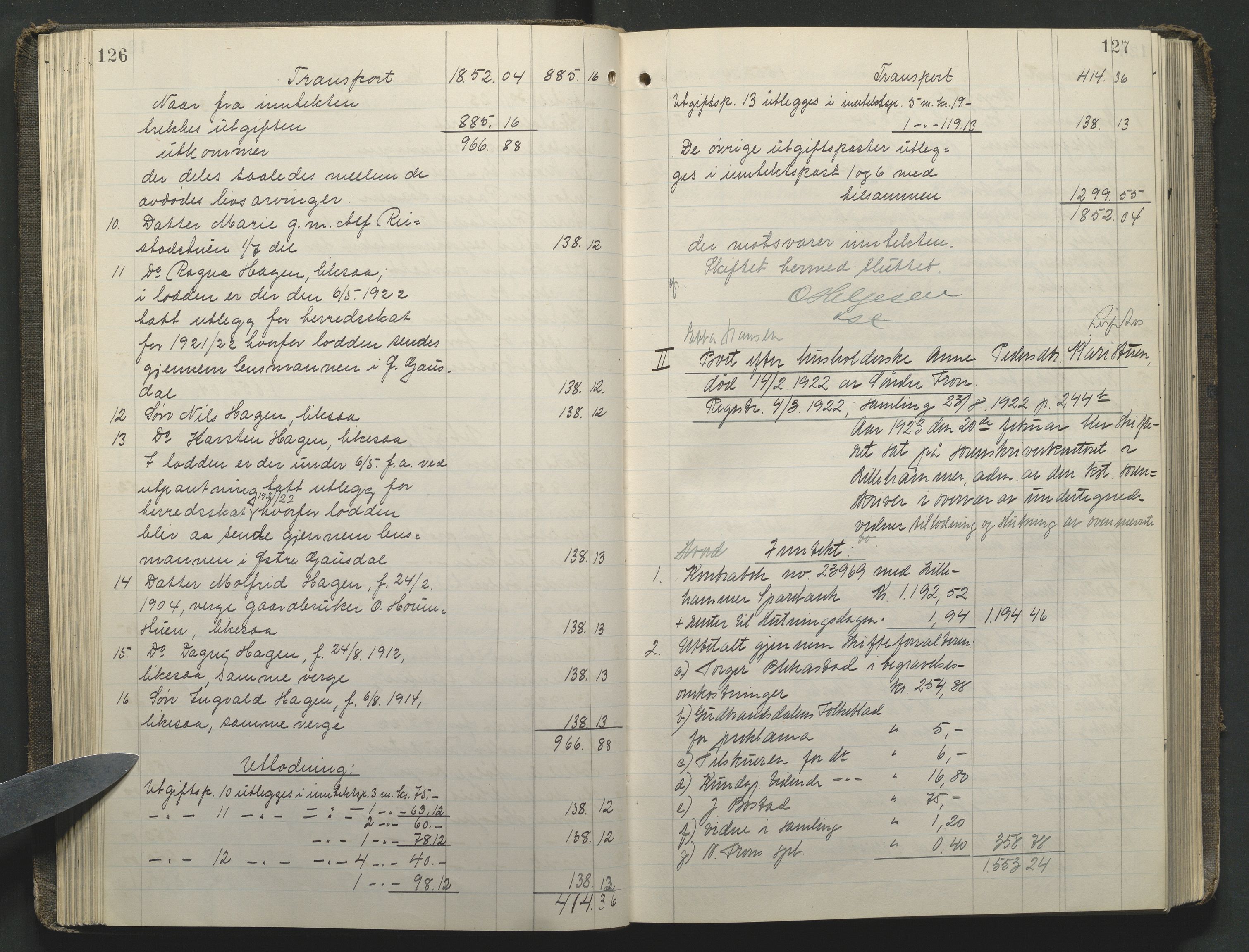 Sør-Gudbrandsdal tingrett, SAH/TING-004/J/Ja/Jae/L0003: Skifteutlodningsprotokoll - landet, 1921-1930, p. 126-127