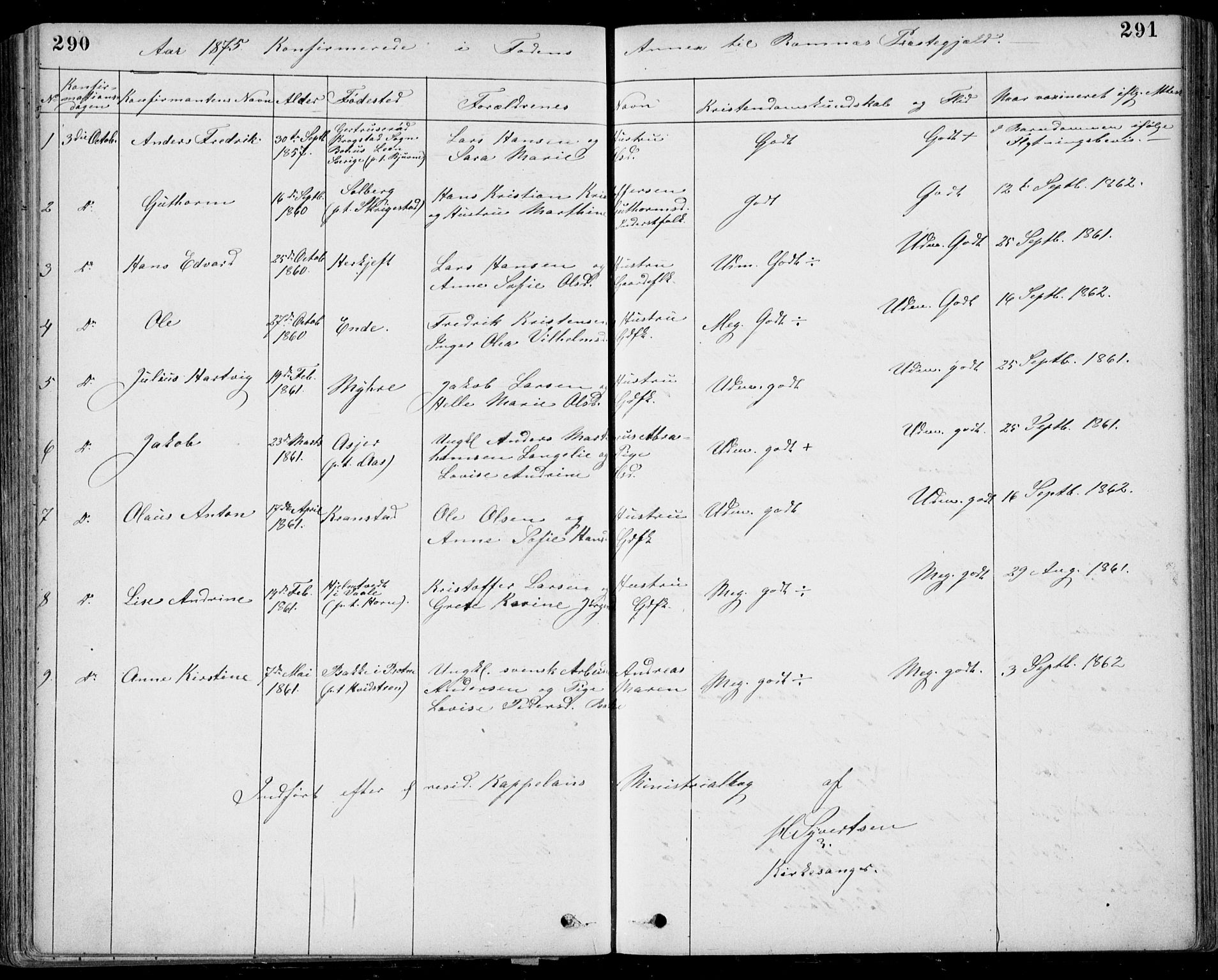 Ramnes kirkebøker, SAKO/A-314/G/Gb/L0001: Parish register (copy) no. II 1, 1869-1904, p. 290-291