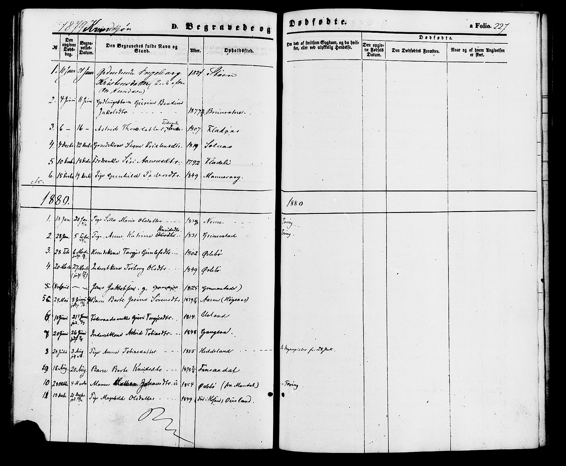 Holum sokneprestkontor, SAK/1111-0022/F/Fa/Fac/L0003: Parish register (official) no. A 3, 1860-1883, p. 227