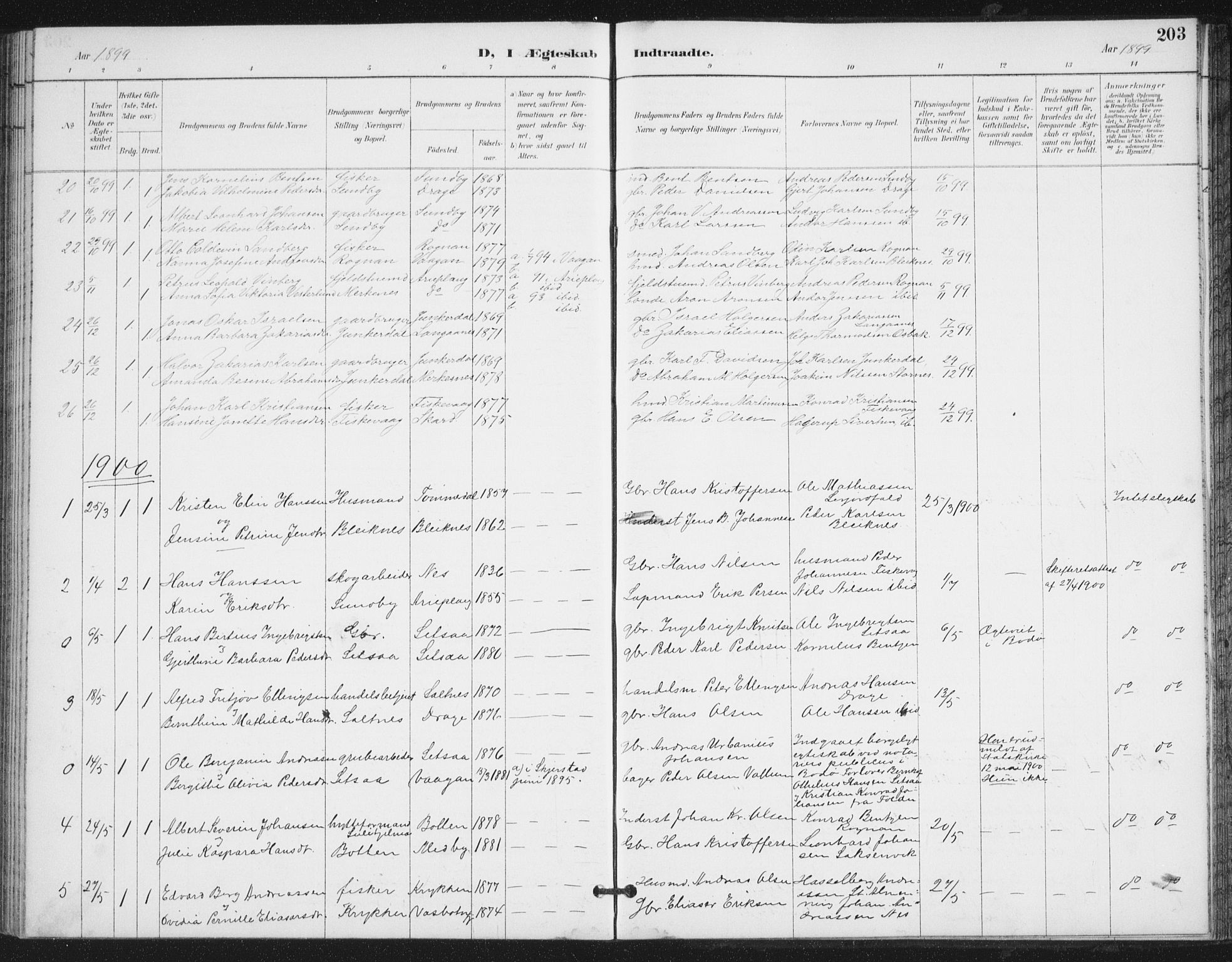 Ministerialprotokoller, klokkerbøker og fødselsregistre - Nordland, AV/SAT-A-1459/847/L0682: Parish register (copy) no. 847C10, 1889-1907, p. 203