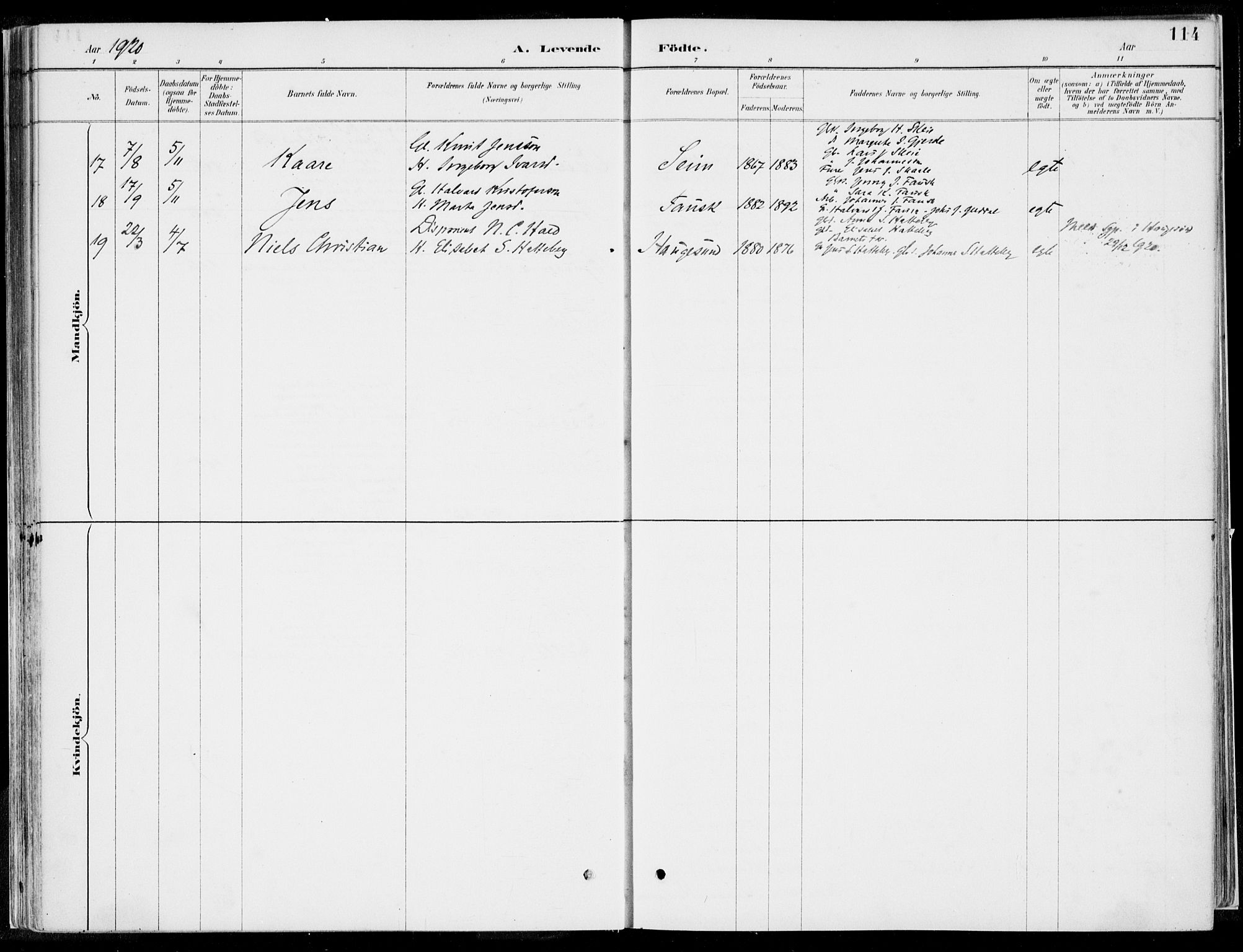 Kvinnherad sokneprestembete, SAB/A-76401/H/Haa: Parish register (official) no. B  1, 1887-1921, p. 114