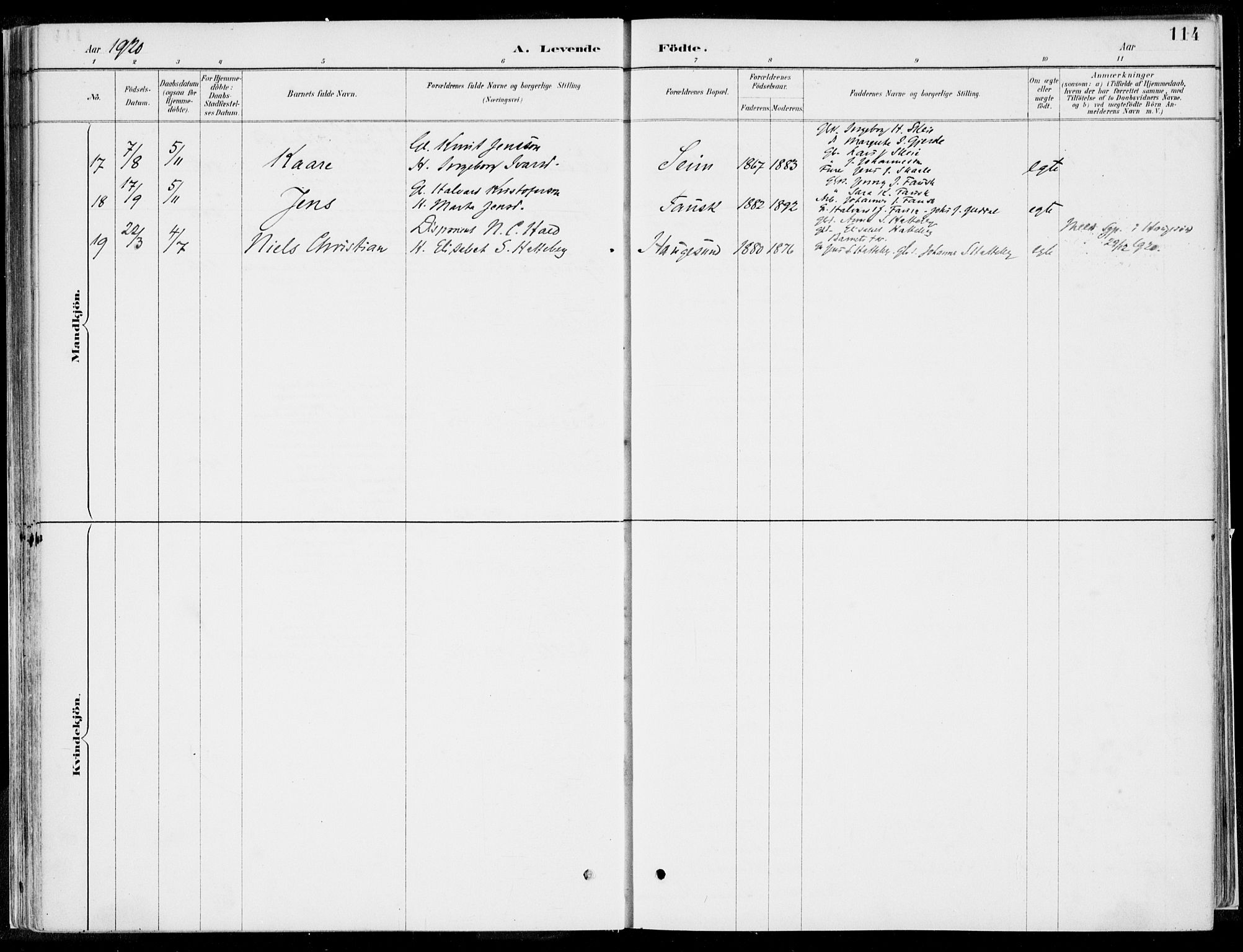 Kvinnherad sokneprestembete, AV/SAB-A-76401/H/Haa: Parish register (official) no. B  1, 1887-1921, p. 114