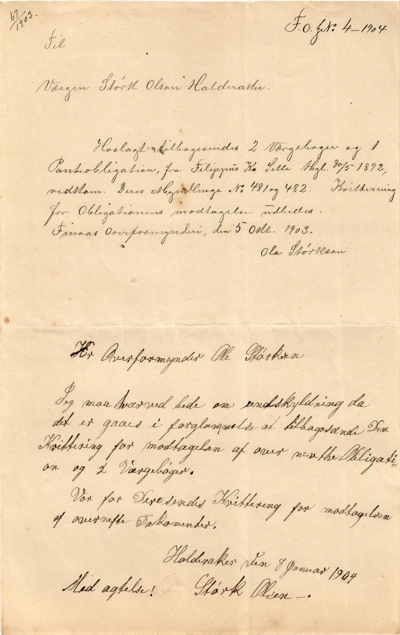 Finnaas kommune. Overformynderiet, IKAH/1218a-812/D/Da/Daa/L0002/0002: Kronologisk ordna korrespondanse / Kronologisk ordna korrespondanse, 1901-1904, p. 157