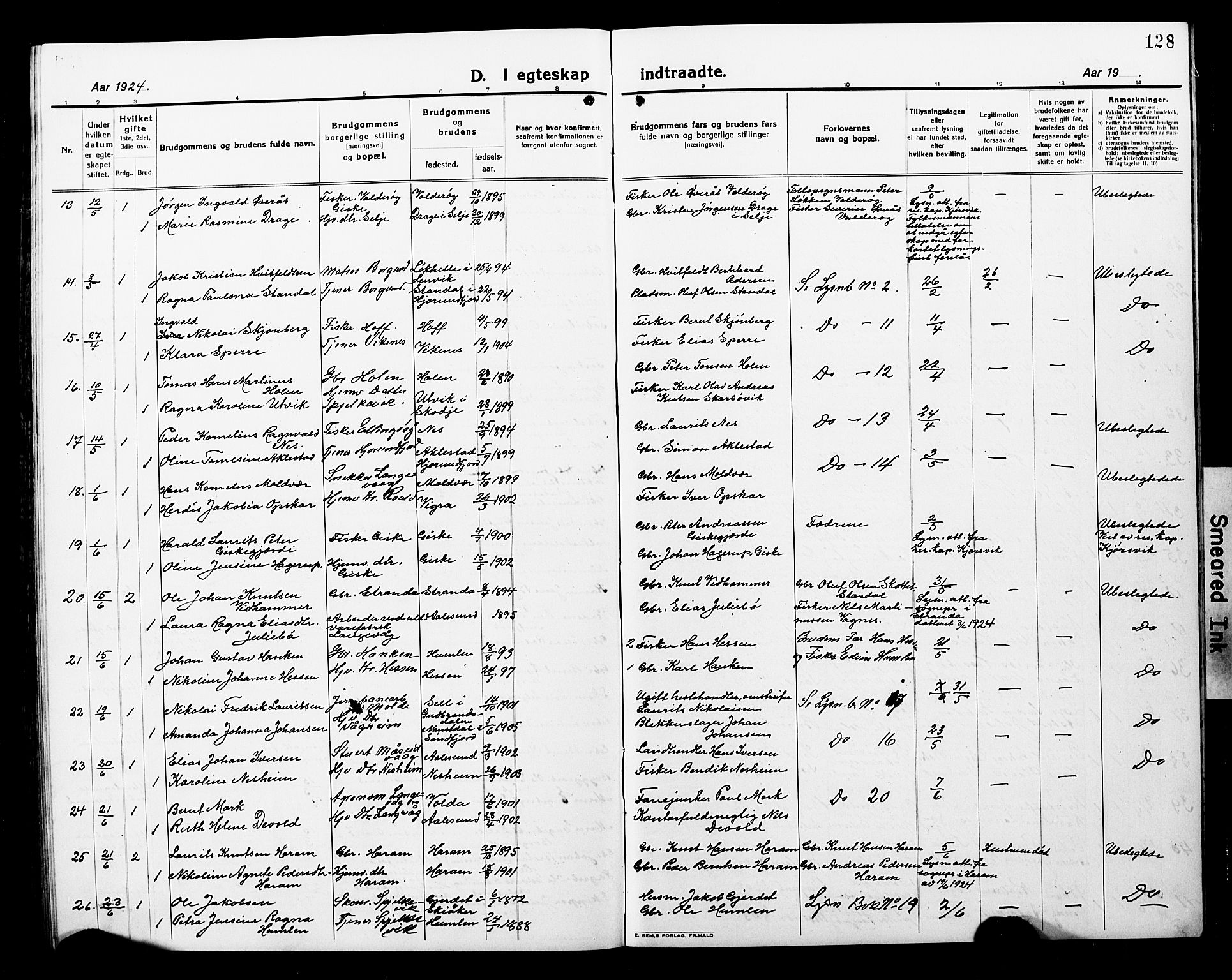 Ministerialprotokoller, klokkerbøker og fødselsregistre - Møre og Romsdal, AV/SAT-A-1454/528/L0434: Parish register (copy) no. 528C15, 1919-1927, p. 128