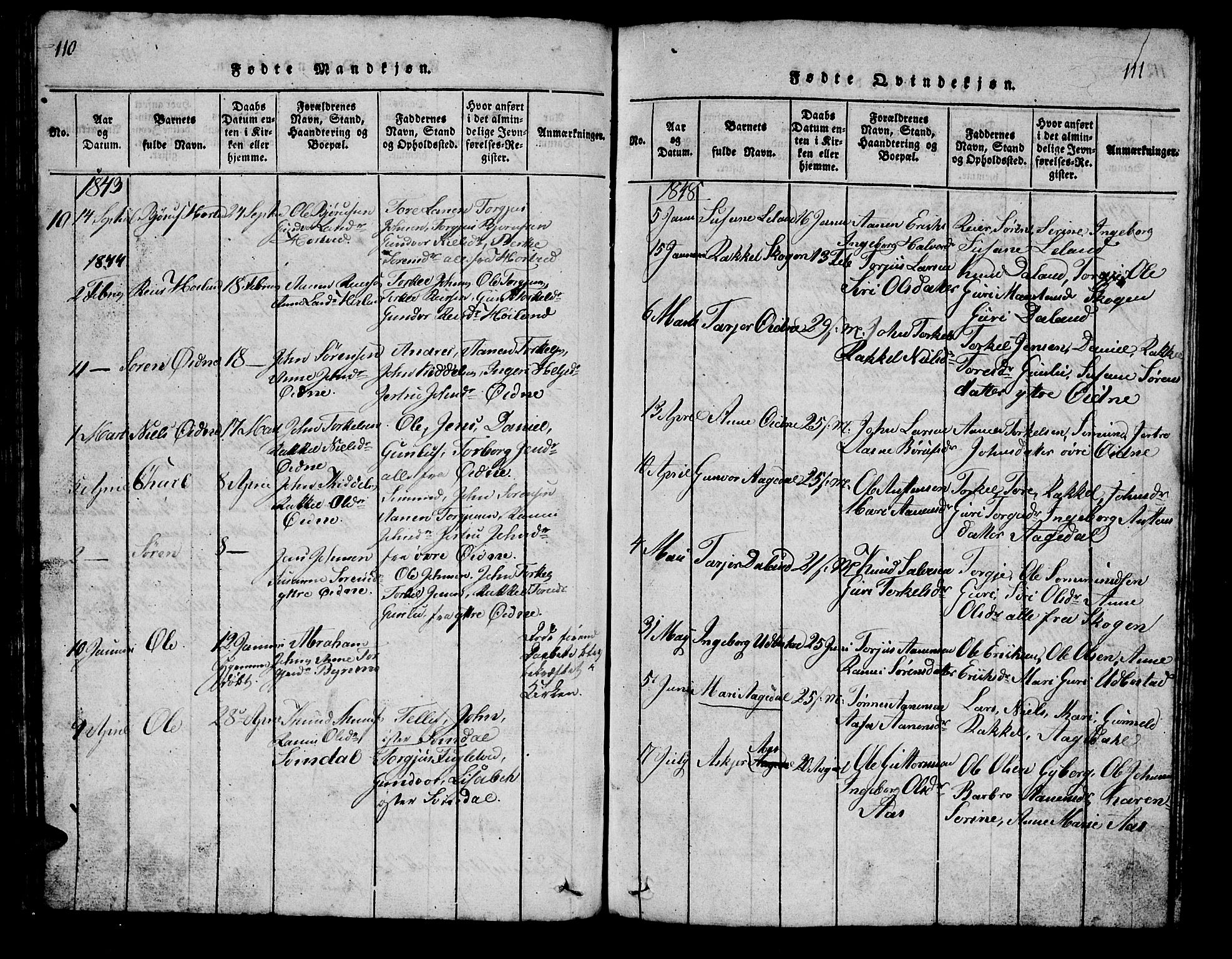 Bjelland sokneprestkontor, SAK/1111-0005/F/Fb/Fbc/L0001: Parish register (copy) no. B 1, 1815-1870, p. 110-111