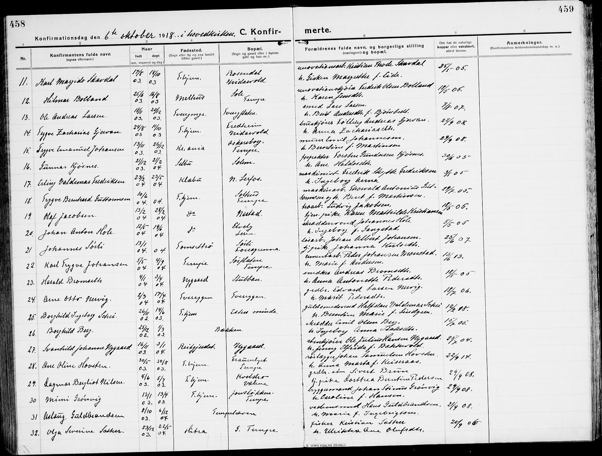 Ministerialprotokoller, klokkerbøker og fødselsregistre - Sør-Trøndelag, AV/SAT-A-1456/607/L0321: Parish register (official) no. 607A05, 1916-1935, p. 458-459