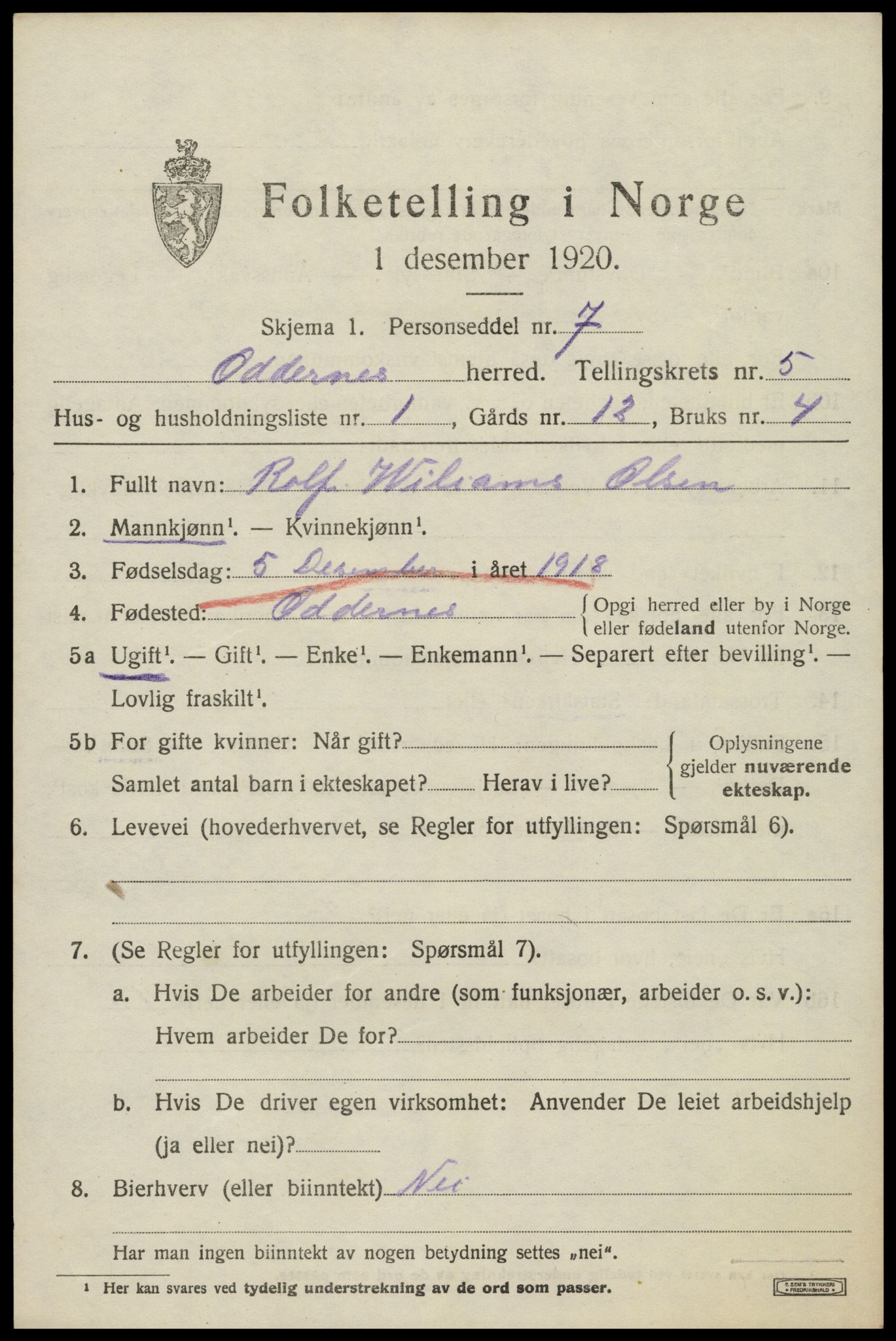 SAK, 1920 census for Oddernes, 1920, p. 4441