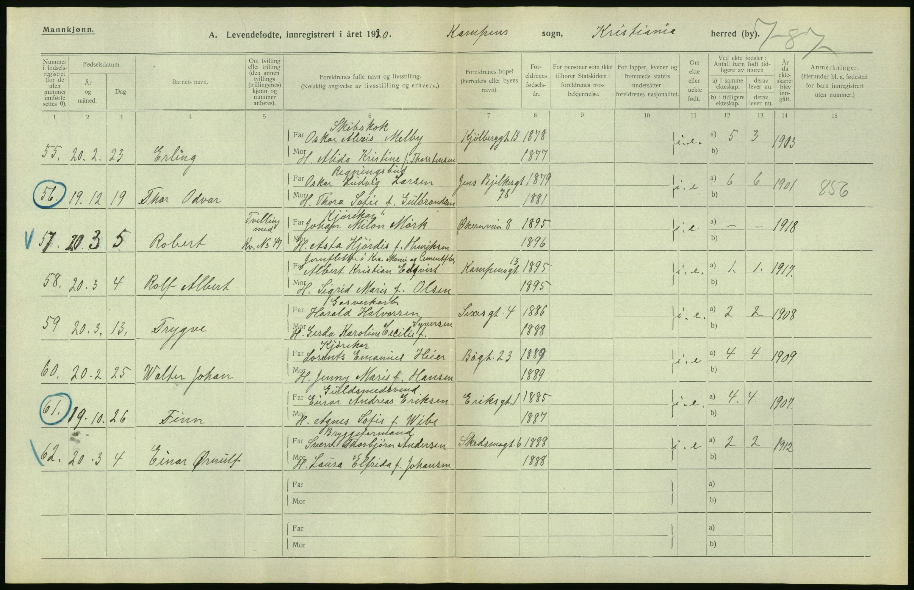 Statistisk sentralbyrå, Sosiodemografiske emner, Befolkning, RA/S-2228/D/Df/Dfb/Dfbj/L0008: Kristiania: Levendefødte menn og kvinner., 1920, p. 196