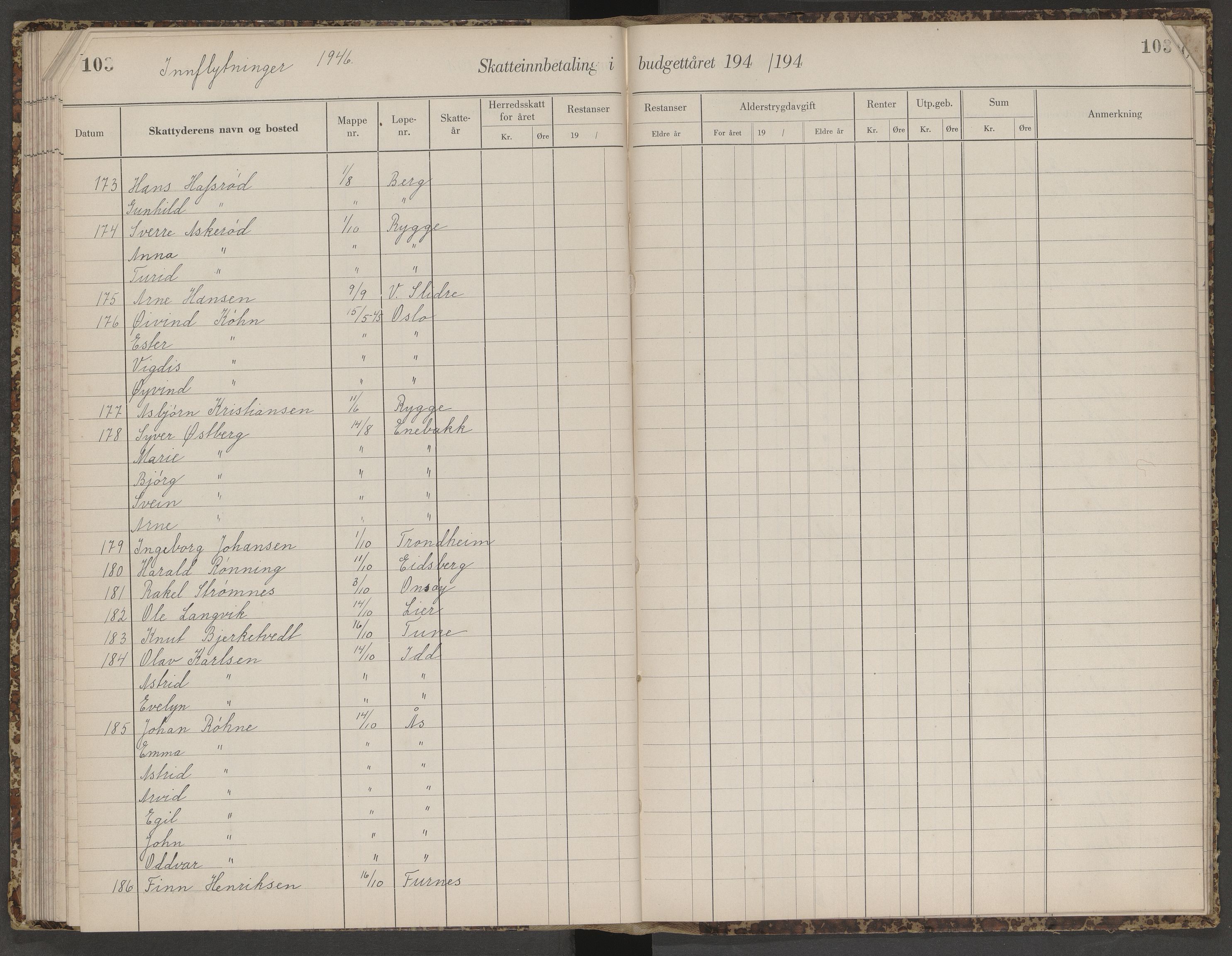 Skjeberg folkeregister, AV/SAO-A-10495/K/Ka/L0003: Fortegnelse over inn- og utflyttede, 1943-1947, p. 103