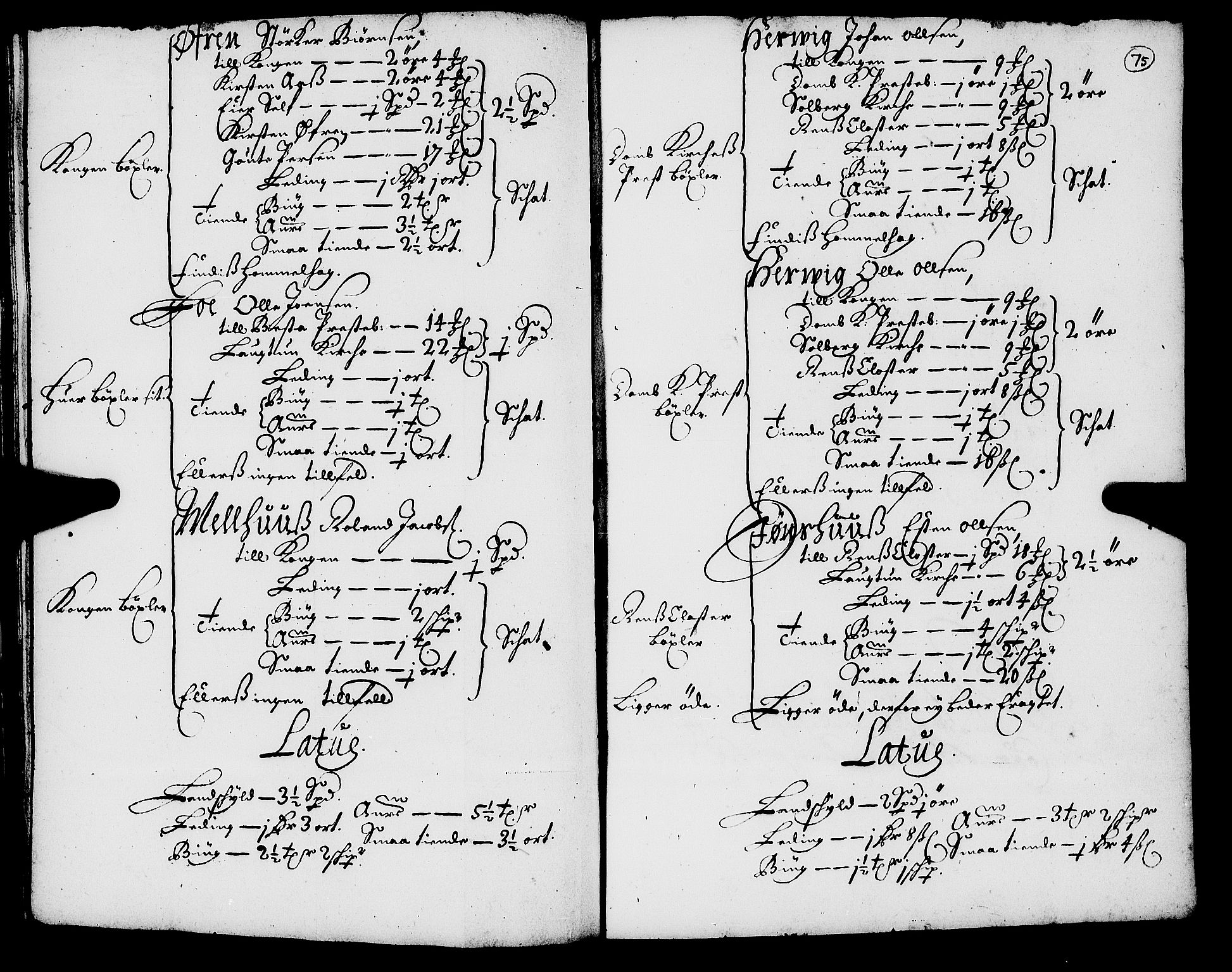 Rentekammeret inntil 1814, Realistisk ordnet avdeling, AV/RA-EA-4070/N/Nb/Nba/L0055: Inderøy len, 1668, p. 74b-75a