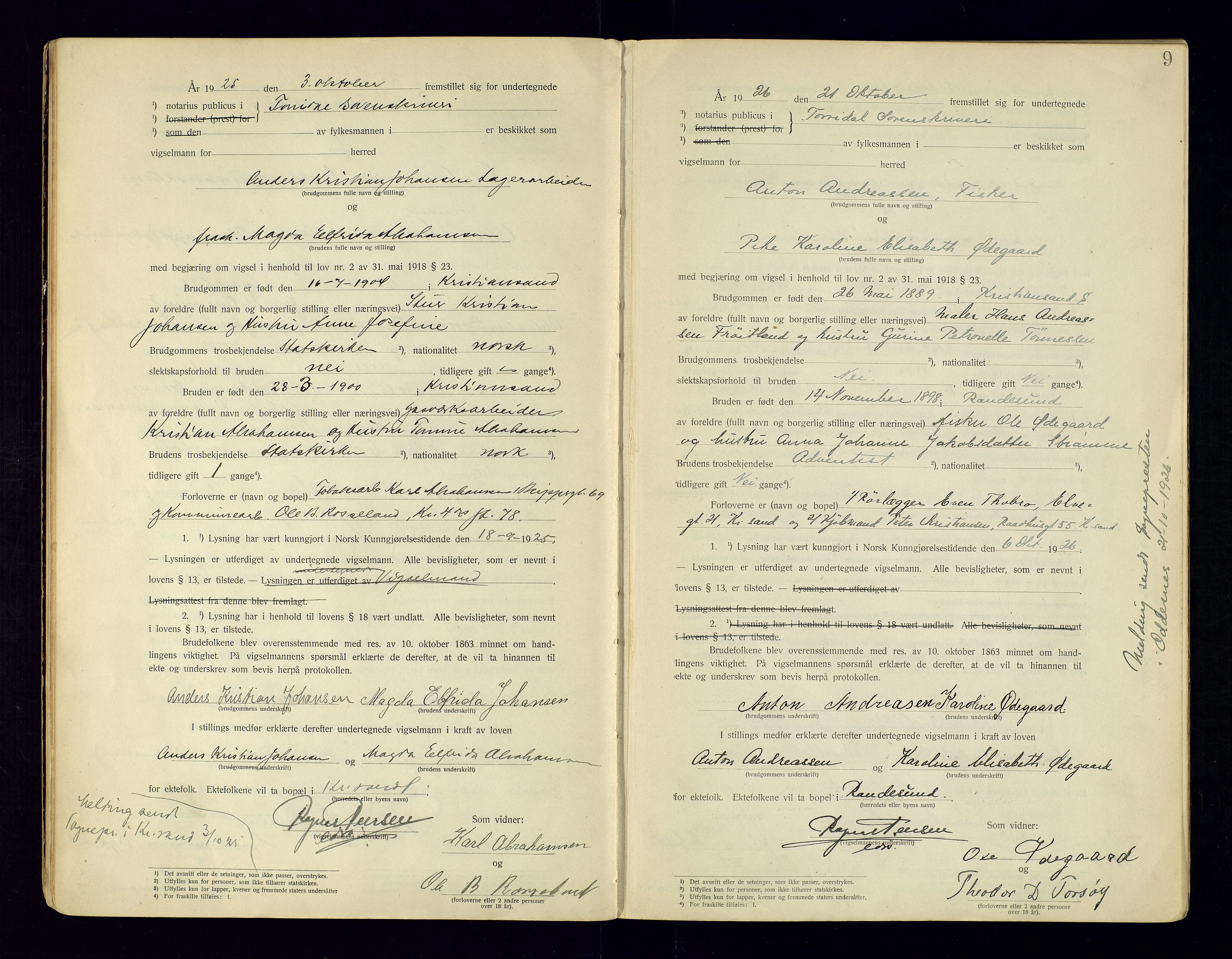 Torridal sorenskriveri, AV/SAK-1221-0012/L/Ld/L0003: Vigselbok nr. 1, 1920-1943, p. 9