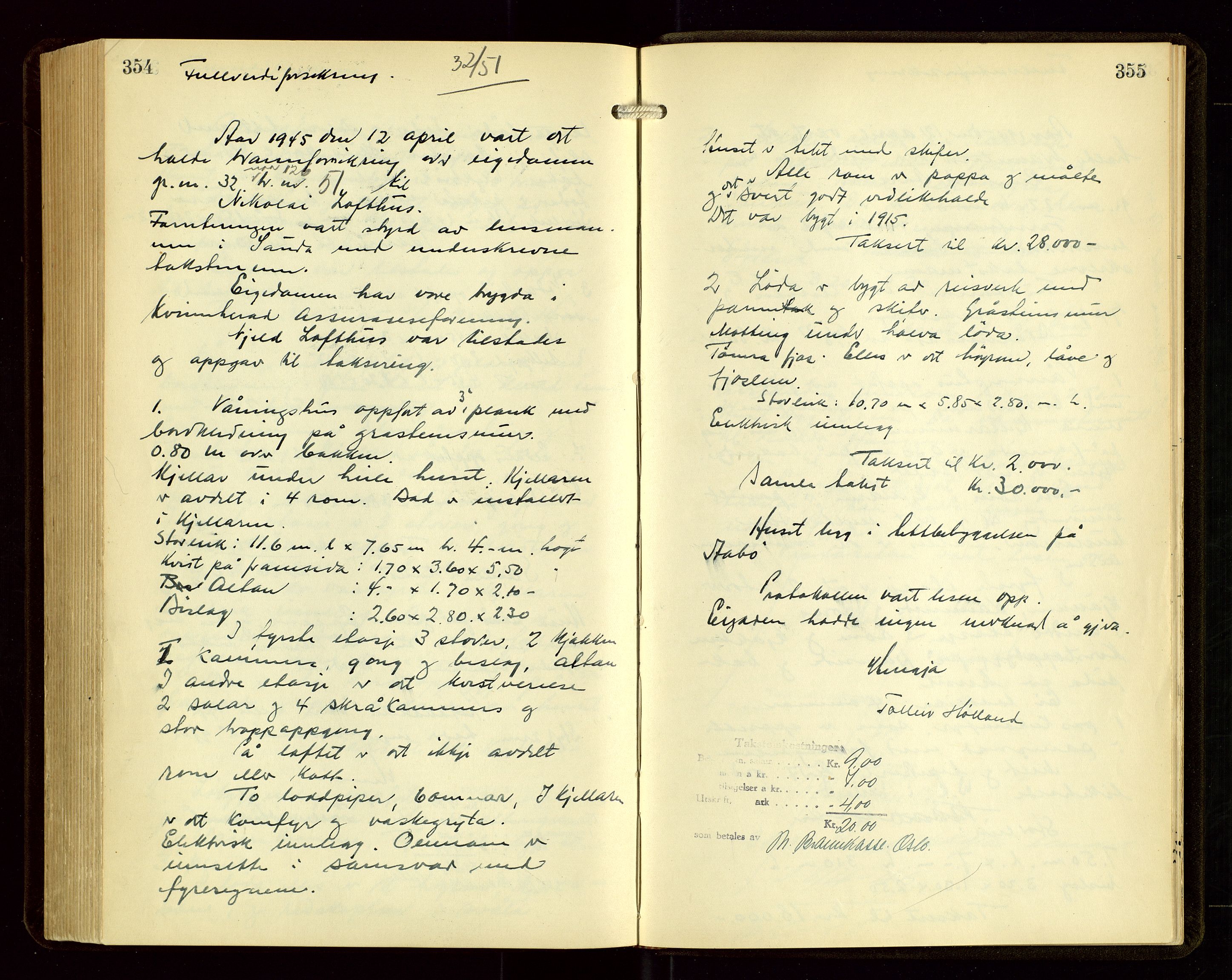 Sauda lensmannskontor, SAST/A-100177/Goa/L0004: "Brandtakstprotokoll for Sauda lensmannsdistrikt", 1934-1946, p. 354-355