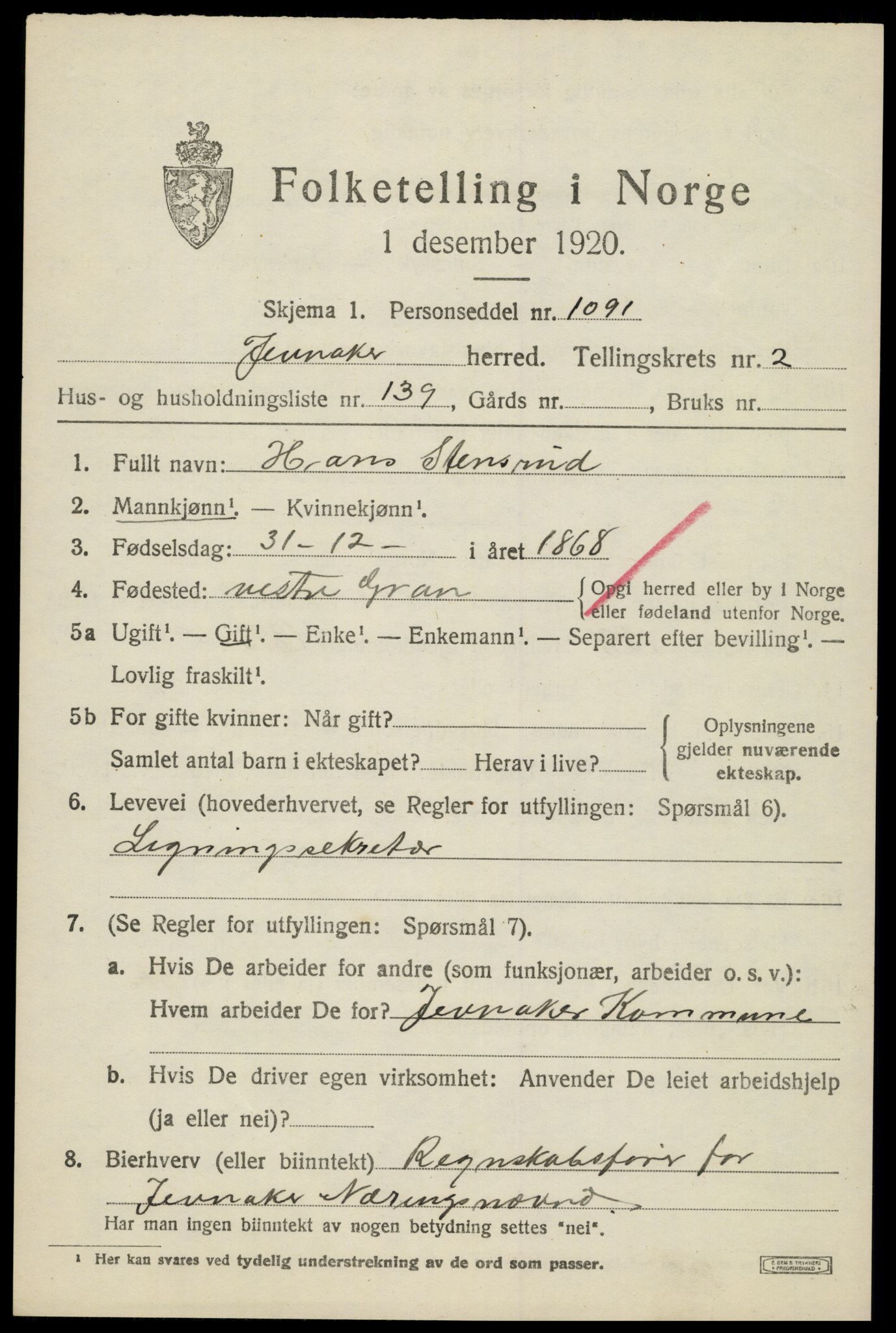 SAH, 1920 census for Jevnaker, 1920, p. 3583