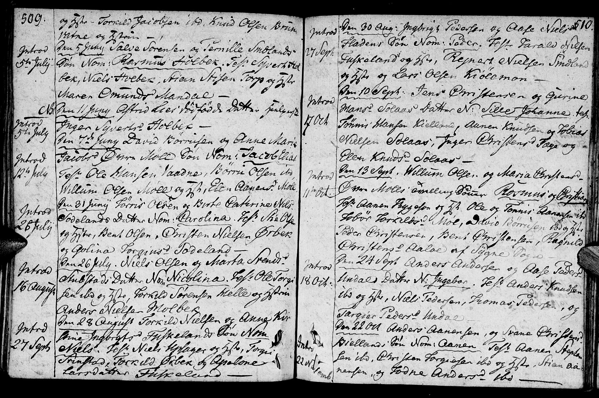 Holum sokneprestkontor, AV/SAK-1111-0022/F/Fa/Faa/L0003: Parish register (official) no. A 3, 1780-1821, p. 509-510